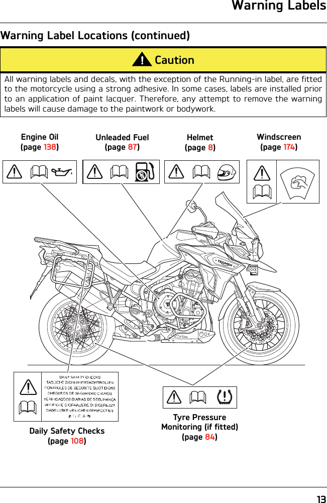 13Warning LabelsWarning Label Locations (continued)CautionAll warning labels and decals, with the exception of the Running-in label, are fittedto the motorcycle using a strong adhesive. In some cases, labels are installed priorto an application of paint lacquer. Therefore, any attempt to remove the warninglabels will cause damage to the paintwork or bodywork.PbDaily Safety Checks(page 108)Helmet(page 8)Unleaded Fuel(page 87)Engine Oil(page 138)Windscreen(page 174)Tyre Pressure Monitoring (if fitted) (page 84)