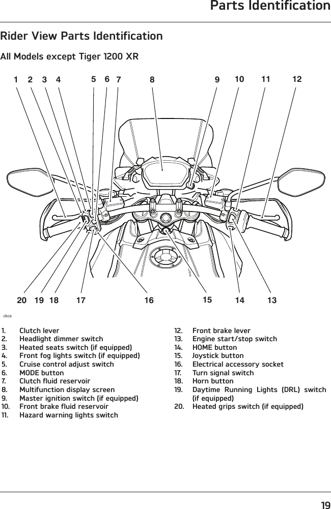 Parts Identification19Rider View Parts IdentificationAll Models except Tiger 1200 XRckcx1 2 34 567 9 10 11 1217181920 1316 148151.  Clutch lever2.  Headlight dimmer switch3.  Heated seats switch (if equipped)4.  Front fog lights switch (if equipped)5.  Cruise control adjust switch6.  MODE button7.  Clutch fluid reservoir8.  Multifunction display screen9.  Master ignition switch (if equipped)10.  Front brake fluid reservoir11.  Hazard warning lights switch12.  Front brake lever13.  Engine start/stop switch14.  HOME button15.  Joystick button16.  Electrical accessory socket17.  Turn signal switch18.  Horn button19.  Daytime Running Lights (DRL) switch (if equipped)20.  Heated grips switch (if equipped)