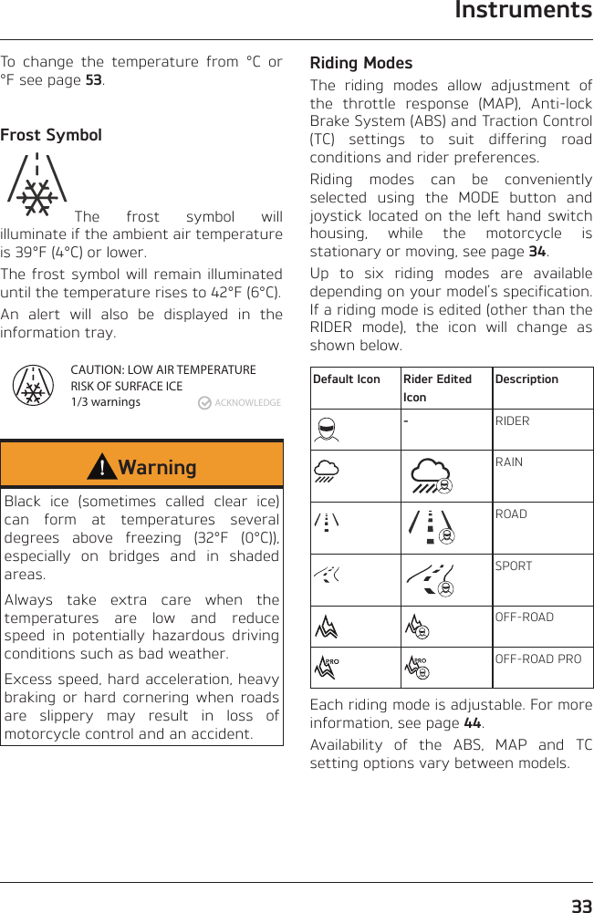 Instruments33To change the temperature from °C or °F see page 53.Frost SymbolThe frost symbol will illuminate if the ambient air temperature is 39°F (4°C) or lower.The frost symbol will remain illuminated until the temperature rises to 42°F (6°C).An alert will also be displayed in the information tray.ACKNOWLEDGECAUTION: LOW AIR TEMPERATURERISK OF SURFACE ICE1/3 warningsWarningBlack ice (sometimes called clear ice) can form at temperatures several degrees above freezing (32°F (0°C)), especially on bridges and in shaded areas.Always take extra care when the temperatures are low and reduce speed in potentially hazardous driving conditions such as bad weather.Excess speed, hard acceleration, heavy braking or hard cornering when roads are slippery may result in loss of motorcycle control and an accident.Riding ModesThe riding modes allow adjustment of the throttle response (MAP), Anti-lock Brake System (ABS) and Traction Control (TC) settings to suit differing road conditions and rider preferences.Riding modes can be conveniently selected using the MODE button and joystick located on the left hand switch housing, while the motorcycle is stationary or moving, see page 34.Up to six riding modes are available depending on your model’s specification. If a riding mode is edited (other than the RIDER mode), the icon will change as shown below.Default Icon Rider Edited IconDescription-RIDERRAINROADSPORTOFF-ROADOFF-ROAD PROEach riding mode is adjustable. For more information, see page 44.Availability of the ABS, MAP and TC setting options vary between models.