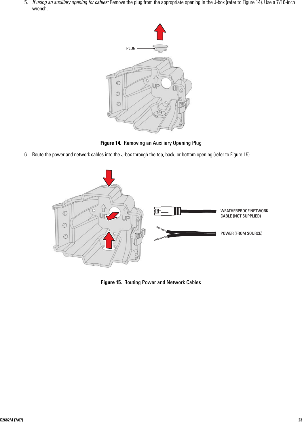 C2682M (7/07) 235. If using an auxiliary opening for cables: Remove the plug from the appropriate opening in the J-box (refer to Figure 14). Use a 7/16-inch wrench.Figure 14.  Removing an Auxiliary Opening Plug6. Route the power and network cables into the J-box through the top, back, or bottom opening (refer to Figure 15).Figure 15.  Routing Power and Network CablesPLUGPOWER (FROM SOURCE)WEATHERPROOF NETWORKCABLE (NOT SUPPLIED)