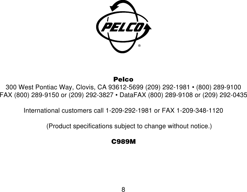 Page 8 of 8 - Pelco Pelco-9-Color-Monitor-Pmc09A-Series-Users-Manual--5  Pelco-9-color-monitor-pmc09a-series-users-manual