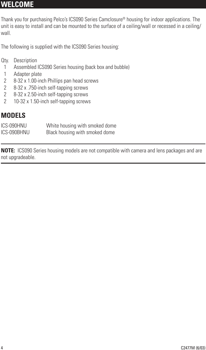Page 4 of 12 - Pelco Pelco-Pelco-Ics090-Users-Manual- C2462M  Pelco-pelco-ics090-users-manual