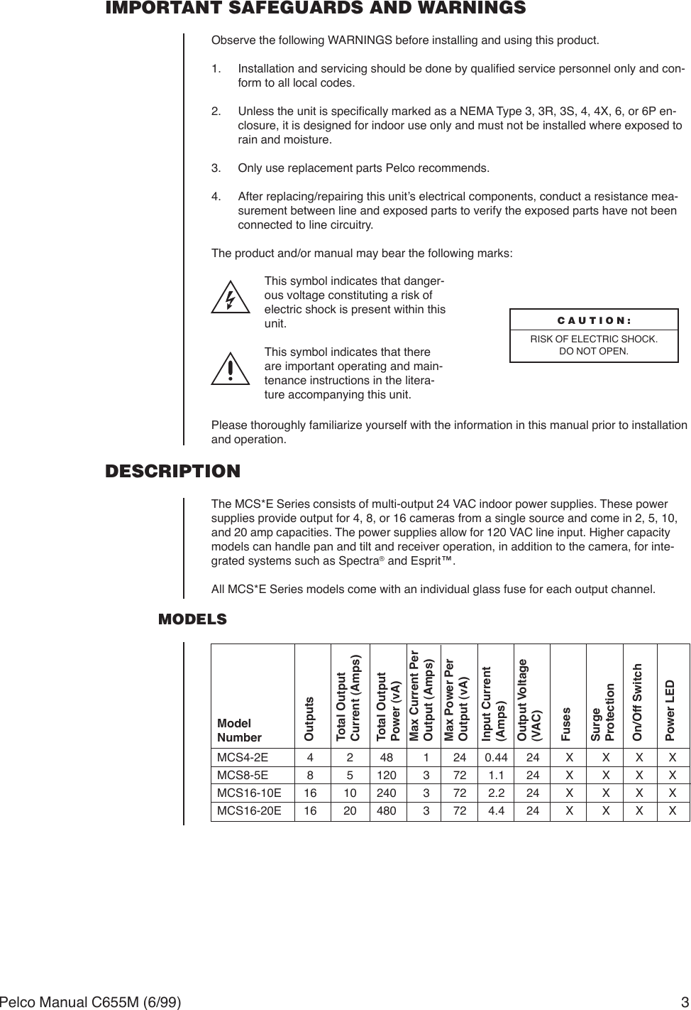 Page 3 of 8 - Pelco Pelco-Pelco-Power-Supply-Mcs16-10E-16-10-240-3-72-2-2-24-X-X-X-X-Users-Manual-  Pelco-pelco-power-supply-mcs16-10e-16-10-240-3-72-2-2-24-x-x-x-x-users-manual