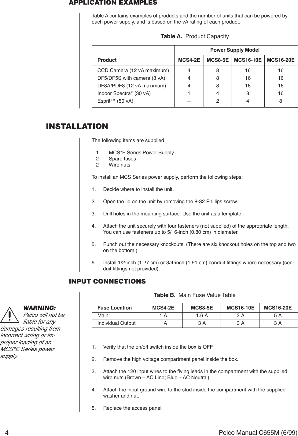 Page 4 of 8 - Pelco Pelco-Pelco-Power-Supply-Mcs16-10E-16-10-240-3-72-2-2-24-X-X-X-X-Users-Manual-  Pelco-pelco-power-supply-mcs16-10e-16-10-240-3-72-2-2-24-x-x-x-x-users-manual