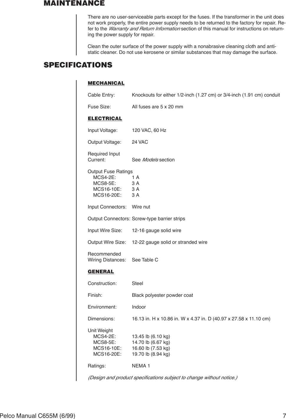 Page 7 of 8 - Pelco Pelco-Pelco-Power-Supply-Mcs16-10E-16-10-240-3-72-2-2-24-X-X-X-X-Users-Manual-  Pelco-pelco-power-supply-mcs16-10e-16-10-240-3-72-2-2-24-x-x-x-x-users-manual