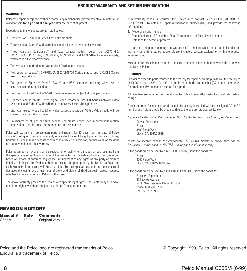 Page 8 of 8 - Pelco Pelco-Pelco-Power-Supply-Mcs16-10E-16-10-240-3-72-2-2-24-X-X-X-X-Users-Manual-  Pelco-pelco-power-supply-mcs16-10e-16-10-240-3-72-2-2-24-x-x-x-x-users-manual