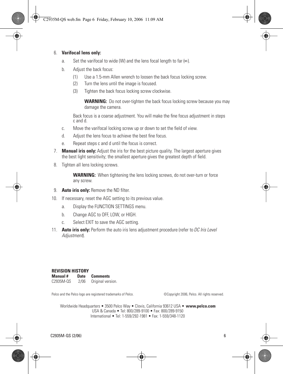 Page 6 of 6 - Pelco Pelco-Pelco-Security-Camera-Ccc1380Uh-6X-Users-Manual- CCC1380UH Series Color Camera_guide Pelco-pelco-security-camera-ccc1380uh-6x-users-manual