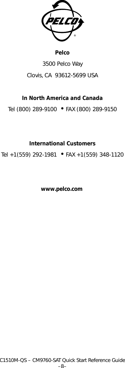 Page 9 of 9 - Pelco Pelco-Pelco-Security-Camera-Cm9760-Sat-Users-Manual- CM9760-SAT Quick Start_guide  Pelco-pelco-security-camera-cm9760-sat-users-manual