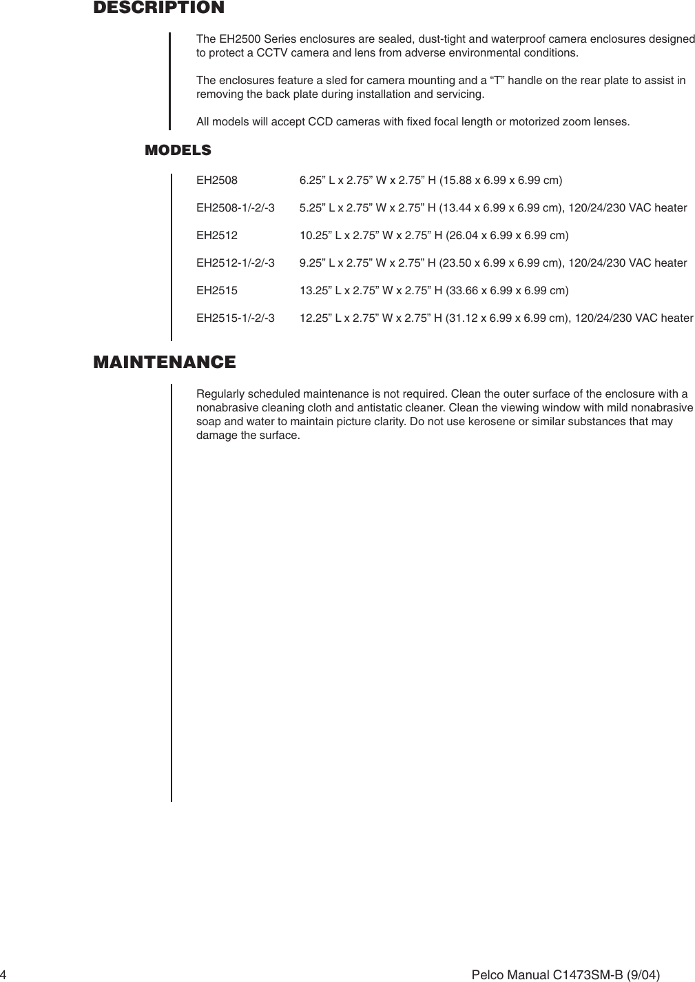 Page 4 of 8 - Pelco Pelco-Pelco-Security-Camera-Eh2512-Users-Manual- EH2500 Series Dust-Tight Enclosure_service Manual  Pelco-pelco-security-camera-eh2512-users-manual