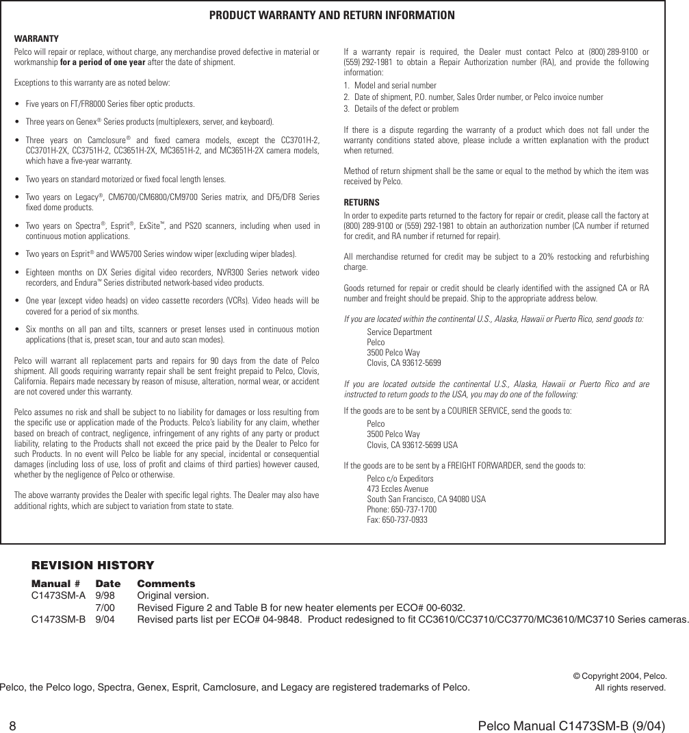 Page 8 of 8 - Pelco Pelco-Pelco-Security-Camera-Eh2512-Users-Manual- EH2500 Series Dust-Tight Enclosure_service Manual  Pelco-pelco-security-camera-eh2512-users-manual