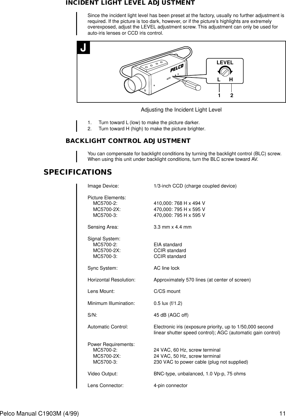 Page 11 of 12 - Pelco Pelco-Pelco-Security-Camera-Mc5700-2X-Users-Manual- MC5700 Series Monochrome Camera_manual  Pelco-pelco-security-camera-mc5700-2x-users-manual