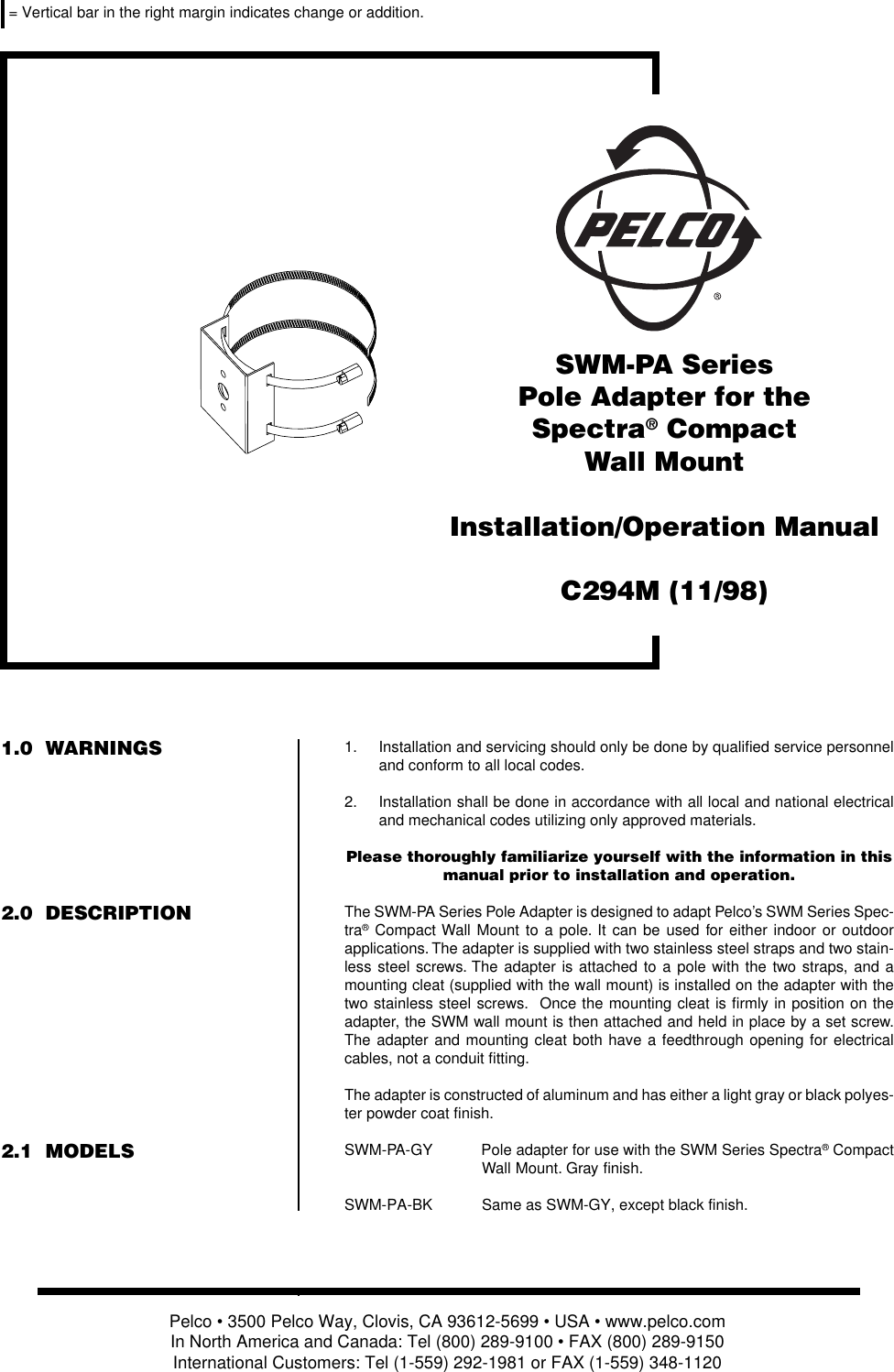 Page 1 of 4 - Pelco Pelco-Swm-Pa-Series-C294M-Users-Manual- C294M  Pelco-swm-pa-series-c294m-users-manual