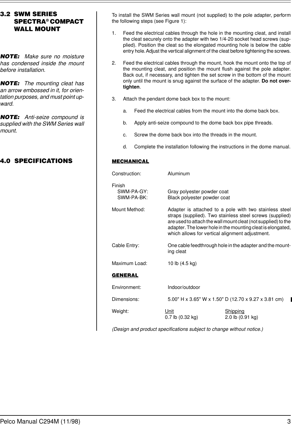 Page 3 of 4 - Pelco Pelco-Swm-Pa-Series-C294M-Users-Manual- C294M  Pelco-swm-pa-series-c294m-users-manual