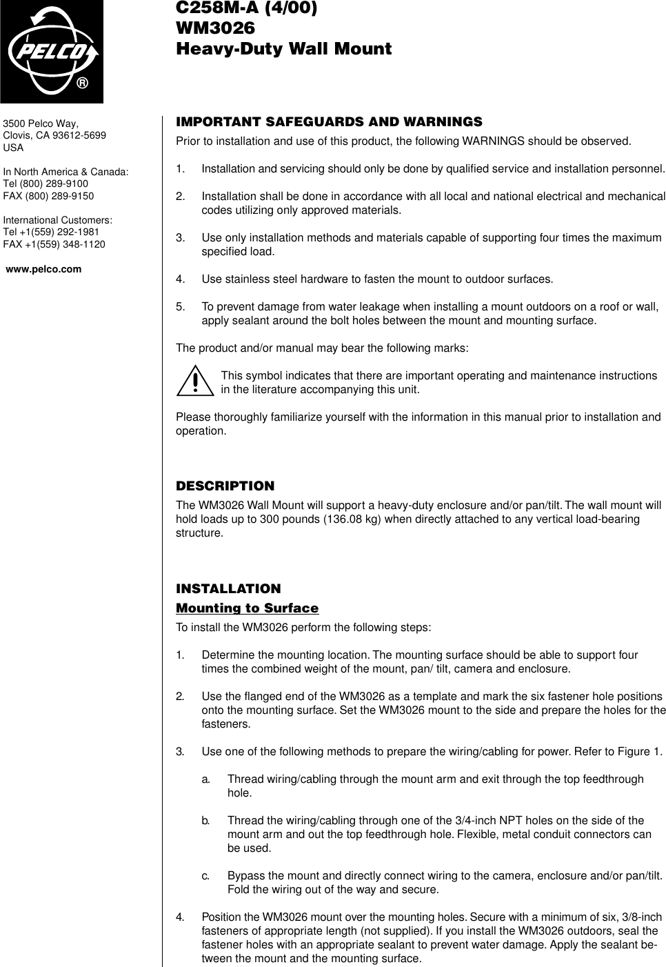 Page 1 of 4 - Pelco WM3026 C258M-A User Manual  To The 5159e814-bc42-40ae-8295-2d2d50297997