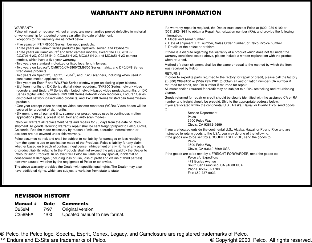 Page 4 of 4 - Pelco WM3026 C258M-A User Manual  To The 5159e814-bc42-40ae-8295-2d2d50297997