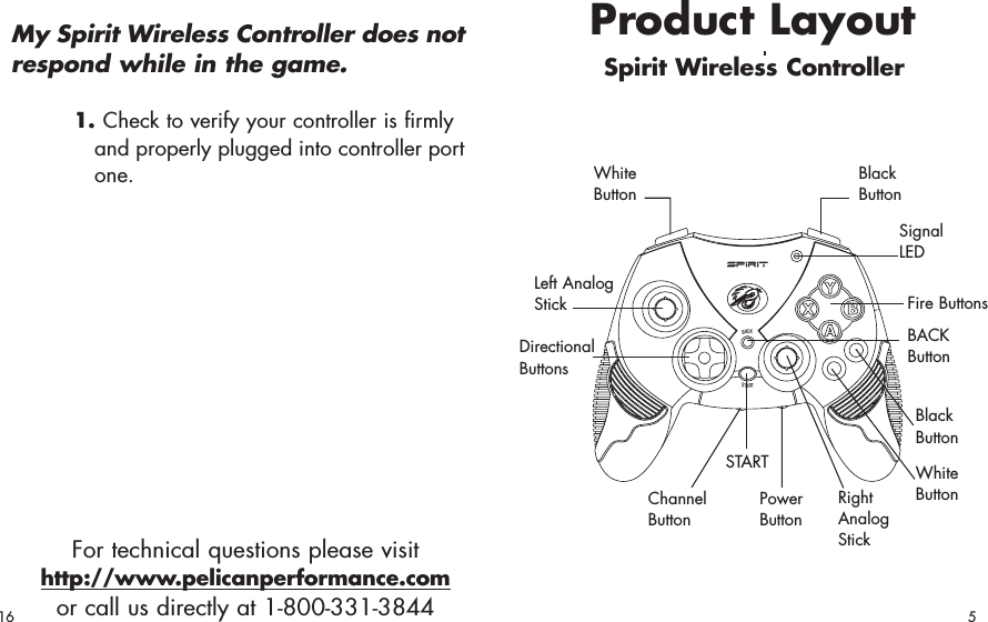 STARTBACKProduct LayoutSpirit Wireless ControllerFor technical questions please visithttp://www.pelicanperformance.comor call us directly at 1-800-331-3844My Spirit Wireless Controller does notrespond while in the game.1. Check to verify your controller is firmly and properly plugged into controller portone.DirectionalButtonsBlackButtonLeft AnalogStick Fire ButtonsSTARTRightAnalogStickBACKButtonSignalLED516WhiteButtonWhite ButtonBlack ButtonChannelButtonPower Button