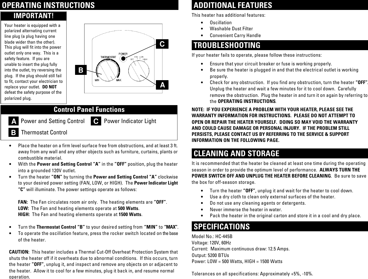 Page 2 of 6 - Pelonis Pelonis-Electric-Heater-Hc-445B-Users-Manual- HC-445b - English-Spanish Booklet  Pelonis-electric-heater-hc-445b-users-manual