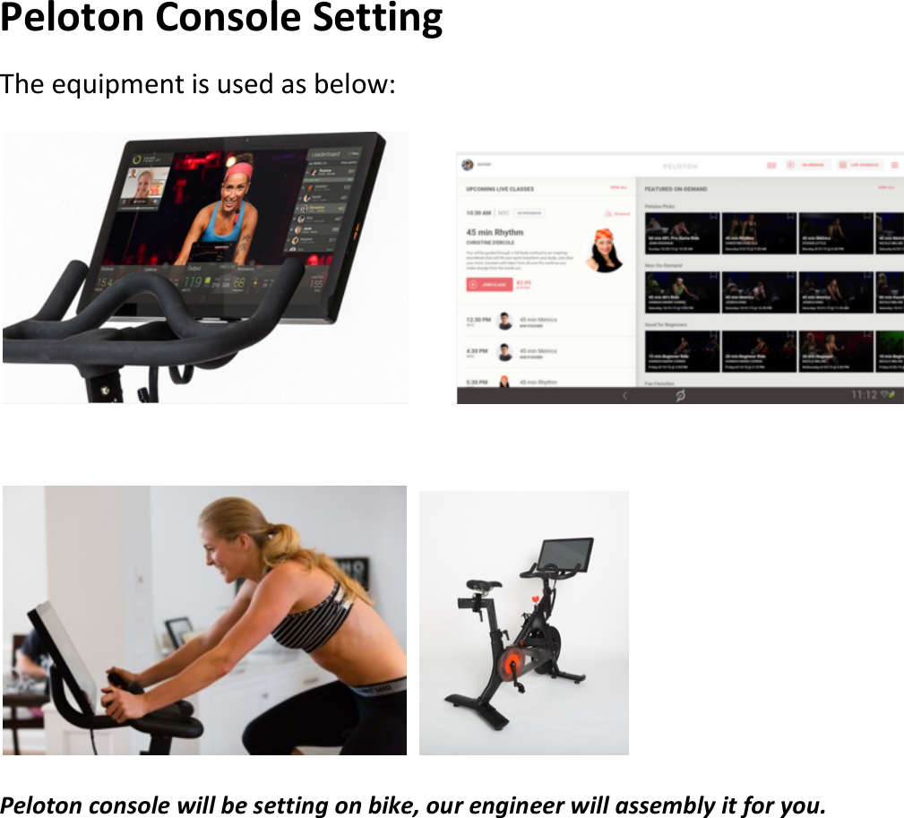 Peloton Console Setting The equipment is used as below:             Peloton console will be setting on bike, our engineer will assembly it for you.    