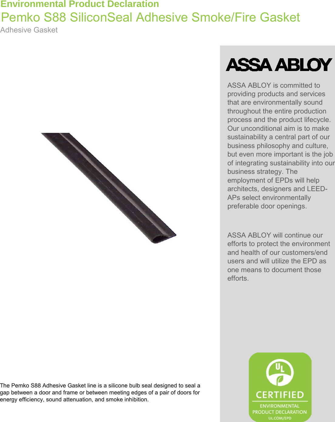 Page 1 of 10 - Pemko  S88 Silicon Seal Adhesive Smoke/Fire Gasket - Environmental Product Declaration (EPD) 136.1 ASSA ABLOY EPD Gasketing