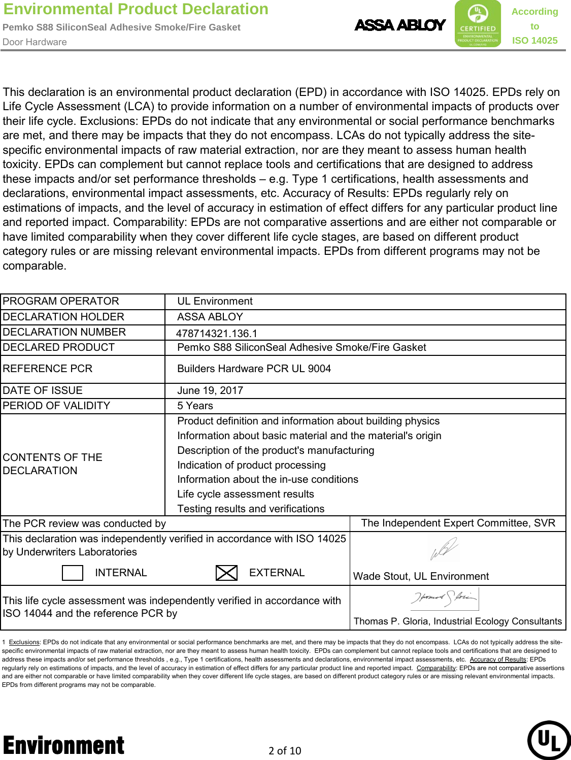 Page 2 of 10 - Pemko  S88 Silicon Seal Adhesive Smoke/Fire Gasket - Environmental Product Declaration (EPD) 136.1 ASSA ABLOY EPD Gasketing