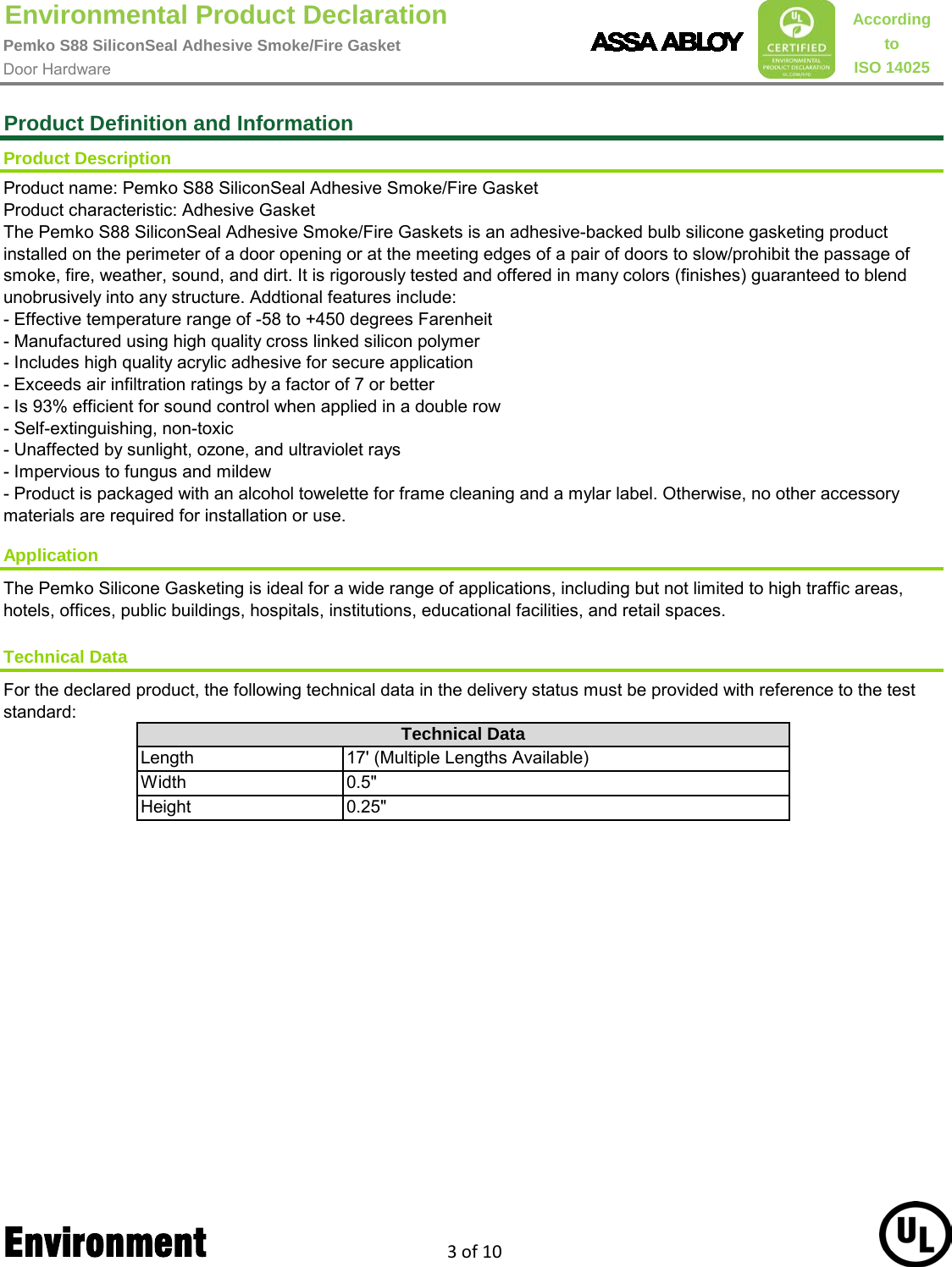 Page 3 of 10 - Pemko  S88 Silicon Seal Adhesive Smoke/Fire Gasket - Environmental Product Declaration (EPD) 136.1 ASSA ABLOY EPD Gasketing