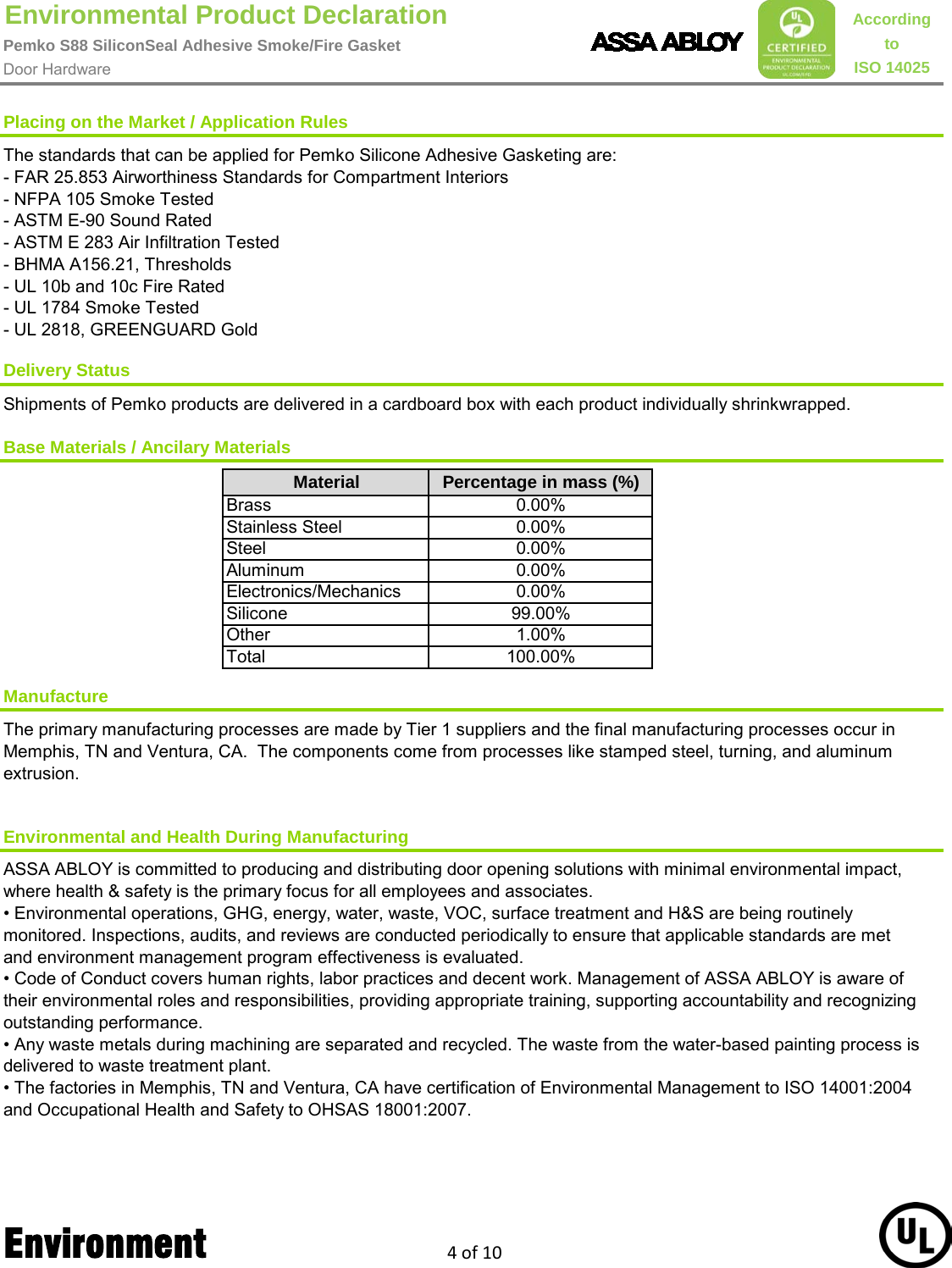 Page 4 of 10 - Pemko  S88 Silicon Seal Adhesive Smoke/Fire Gasket - Environmental Product Declaration (EPD) 136.1 ASSA ABLOY EPD Gasketing