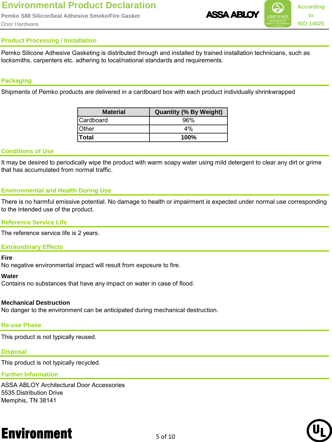 Page 5 of 10 - Pemko  S88 Silicon Seal Adhesive Smoke/Fire Gasket - Environmental Product Declaration (EPD) 136.1 ASSA ABLOY EPD Gasketing