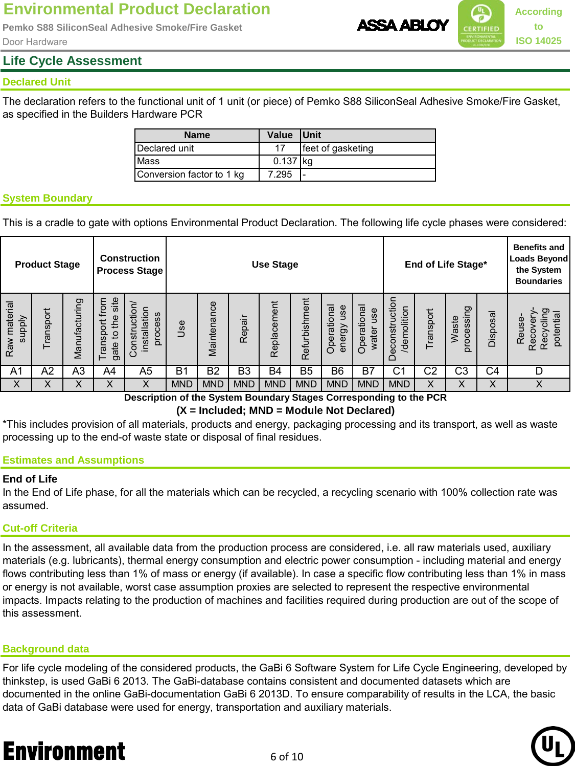 Page 6 of 10 - Pemko  S88 Silicon Seal Adhesive Smoke/Fire Gasket - Environmental Product Declaration (EPD) 136.1 ASSA ABLOY EPD Gasketing