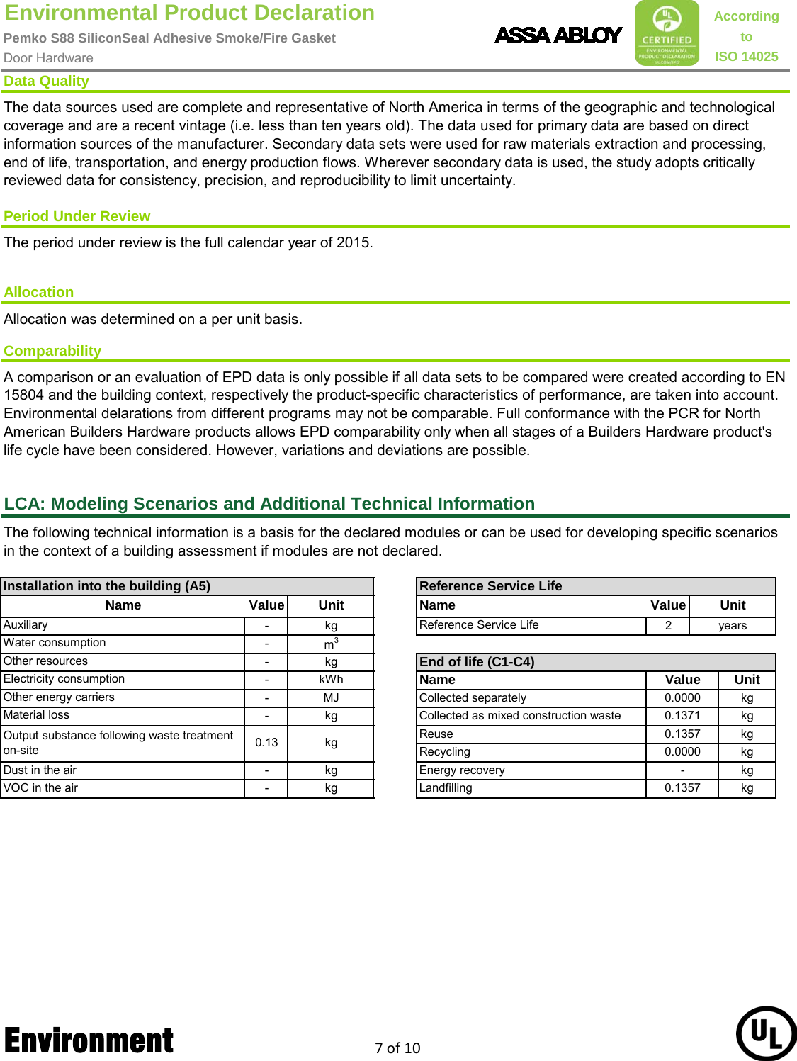 Page 7 of 10 - Pemko  S88 Silicon Seal Adhesive Smoke/Fire Gasket - Environmental Product Declaration (EPD) 136.1 ASSA ABLOY EPD Gasketing