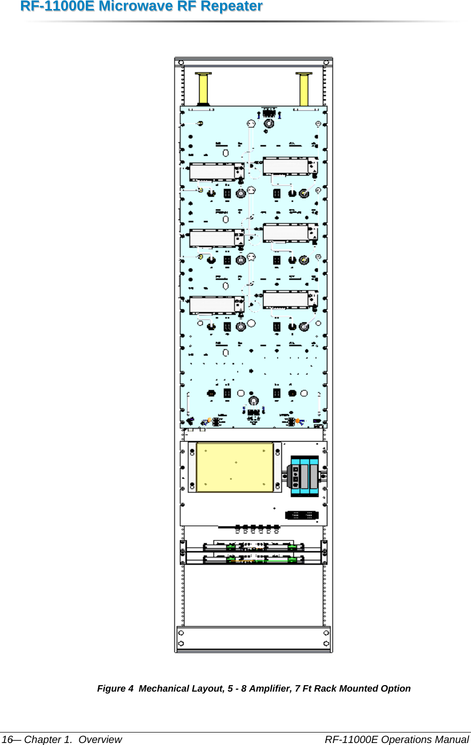 RRFF--1111000000EE  MMiiccrroowwaavvee  RRFF  RReeppeeaatteerr  — Chapter 1.  Overview    RF-11000E Operations Manual 16  Figure 4  Mechanical Layout, 5 - 8 Amplifier, 7 Ft Rack Mounted Option 