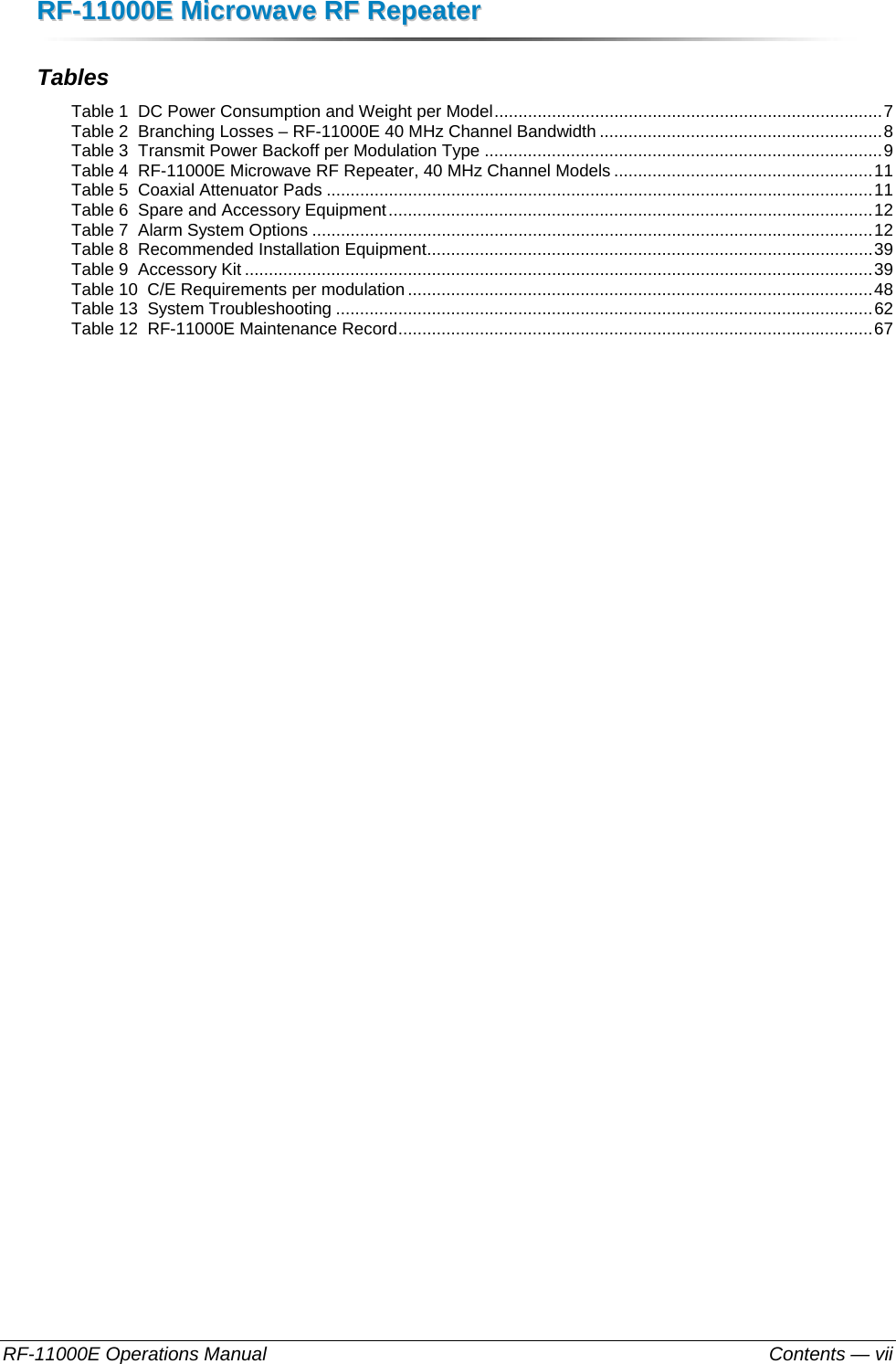 RRFF--1111000000EE  MMiiccrroowwaavvee  RRFF  RReeppeeaatteerr  RF-11000E Operations Manual    Contents — vii Tables Table 1  DC Power Consumption and Weight per Model ................................................................................. 7Table 2  Branching Losses – RF-11000E 40 MHz Channel Bandwidth ........................................................... 8Table 3  Transmit Power Backoff per Modulation Type ................................................................................... 9Table 4  RF-11000E Microwave RF Repeater, 40 MHz Channel Models ...................................................... 11Table 5  Coaxial Attenuator Pads .................................................................................................................. 11Table 6  Spare and Accessory Equipment ..................................................................................................... 12Table 7  Alarm System Options ..................................................................................................................... 12Table 8  Recommended Installation Equipment ............................................................................................. 39Table 9  Accessory Kit ................................................................................................................................... 39Table 10  C/E Requirements per modulation ................................................................................................. 48Table 13  System Troubleshooting ................................................................................................................ 62Table 12  RF-11000E Maintenance Record ................................................................................................... 67 