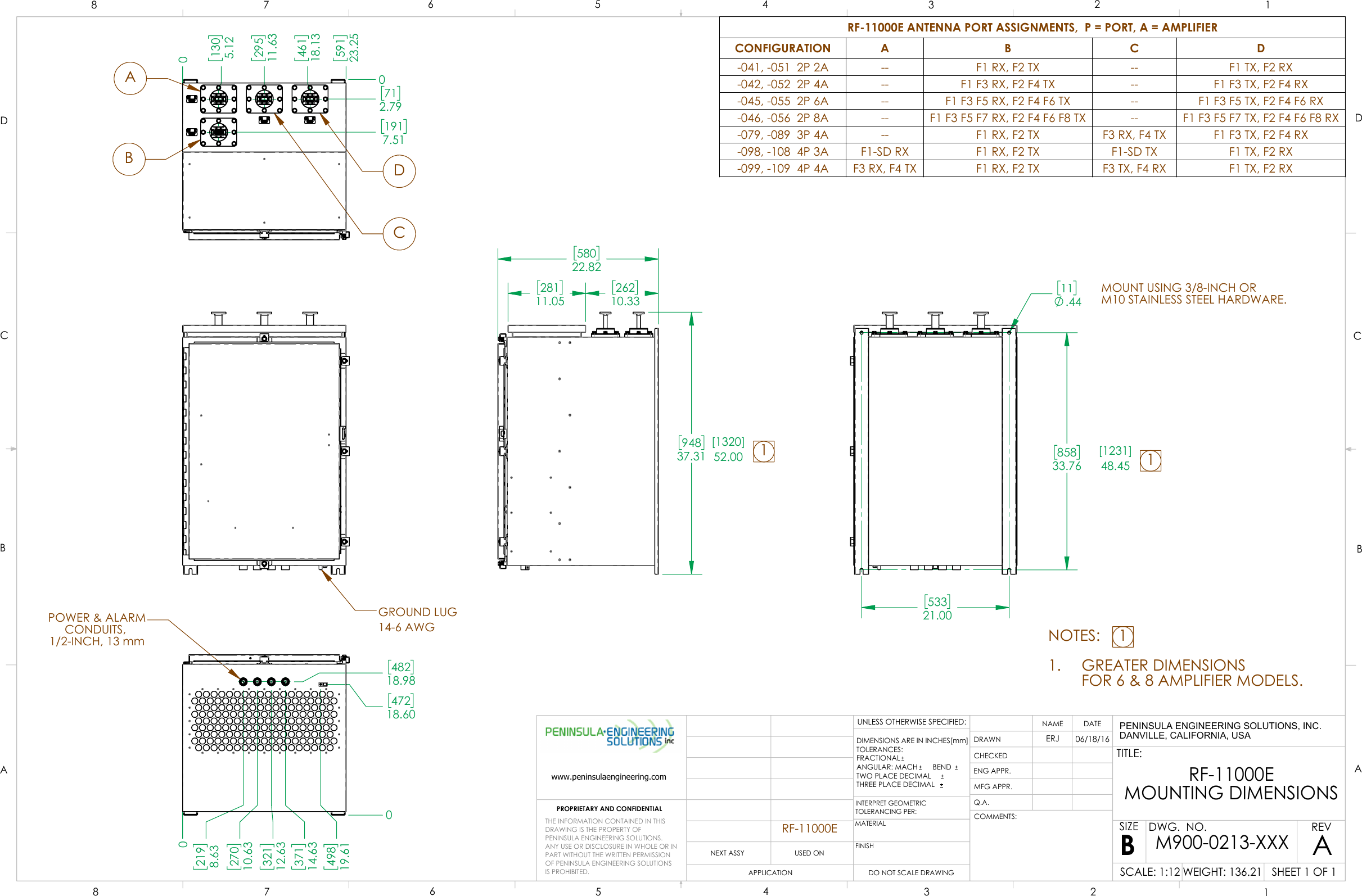 GROUND LUG14-6 AWG 94837.31  58022.82  28111.05   26210.33  0  1305.12  29511.63  46118.13  59123.25  0  712.79  1917.51 ABCD 0  47218.60  48218.98  0  2198.63  27010.63  32112.63  37114.63  49819.61 POWER &amp; ALARMCONDUITS, 1/2-INCH, 13 mm 53321.00  85833.76 11.44MOUNT USING 3/8-INCH ORM10 STAINLESS STEEL HARDWARE.RF-11000E[1320]52.00[1231]48.4511NOTES:GREATER DIMENSIONS1.FOR 6 &amp; 8 AMPLIFIER MODELS.1RF-11000E ANTENNA PORT ASSIGNMENTS,  P = PORT, A = AMPLIFIERCONFIGURATIONABCD-041, -051  2P 2A--F1 RX, F2 TX--F1 TX, F2 RX-042, -052  2P 4A--F1 F3 RX, F2 F4 TX--F1 F3 TX, F2 F4 RX-045, -055  2P 6A--F1 F3 F5 RX, F2 F4 F6 TX--F1 F3 F5 TX, F2 F4 F6 RX-046, -056  2P 8A--F1 F3 F5 F7 RX, F2 F4 F6 F8 TX--F1 F3 F5 F7 TX, F2 F4 F6 F8 RX-079, -089  3P 4A--F1 RX, F2 TX F3 RX, F4 TXF1 F3 TX, F2 F4 RX-098, -108  4P 3AF1-SD RXF1 RX, F2 TXF1-SD TXF1 TX, F2 RX-099, -109  4P 4AF3 RX, F4 TX F1 RX, F2 TX F3 TX, F4 RX F1 TX, F2 RXDCBAABCD1234567887654321PROPRIETARY AND CONFIDENTIALNEXT ASSYUSED ONAPPLICATIONDIMENSIONS ARE IN INCHES[mm]TOLERANCES:FRACTIONALANGULAR: MACH     BEND TWO PLACE DECIMAL     THREE PLACE DECIMAL   INTERPRET GEOMETRICTOLERANCING PER:MATERIALFINISH  DRAWNCHECKEDENG APPR.MFG APPR.Q.A.COMMENTS:DATENAMETITLE:SIZEBDWG.  NO.REVWEIGHT: 136.21SCALE: 1:12UNLESS OTHERWISE SPECIFIED:AERJ06/18/16RF-11000EMOUNTING DIMENSIONSSHEET 1 OF 1M900-0213-XXXDO NOT SCALE DRAWINGTHE INFORMATION CONTAINED IN THISDRAWING IS THE PROPERTY OFPENINSULA ENGINEERING SOLUTIONS.  ANY USE OR DISCLOSURE IN WHOLE OR IN PART WITHOUT THE WRITTEN PERMISSION OF PENINSULA ENGINEERING SOLUTIONS IS PROHIBITED.www.peninsulaengineering.comPENINSULA ENGINEERING SOLUTIONS, INC.DANVILLE, CALIFORNIA, USA