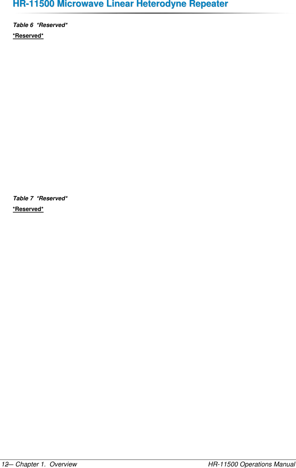 HHRR--1111550000  MMiiccrroowwaavvee  LLiinneeaarr  HHeetteerrooddyynnee  RReeppeeaatteerr  — Chapter 1.  Overview    HR-11500 Operations Manual 12 Table 6  *Reserved* *Reserved*           Table 7  *Reserved* *Reserved*    