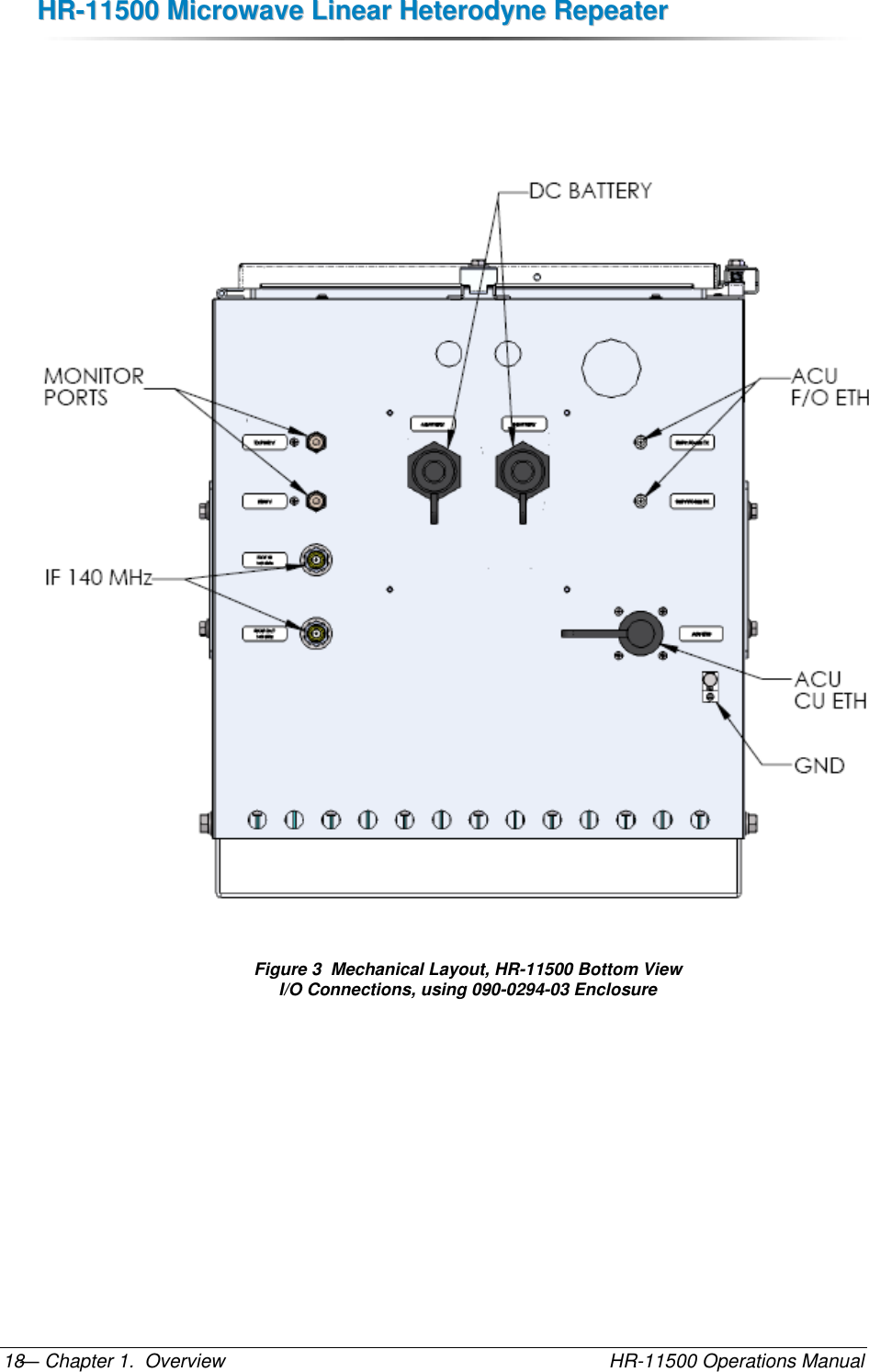 HHRR--1111550000  MMiiccrroowwaavvee  LLiinneeaarr  HHeetteerrooddyynnee  RReeppeeaatteerr  — Chapter 1.  Overview    HR-11500 Operations Manual 18     Figure 3  Mechanical Layout, HR-11500 Bottom View I/O Connections, using 090-0294-03 Enclosure 