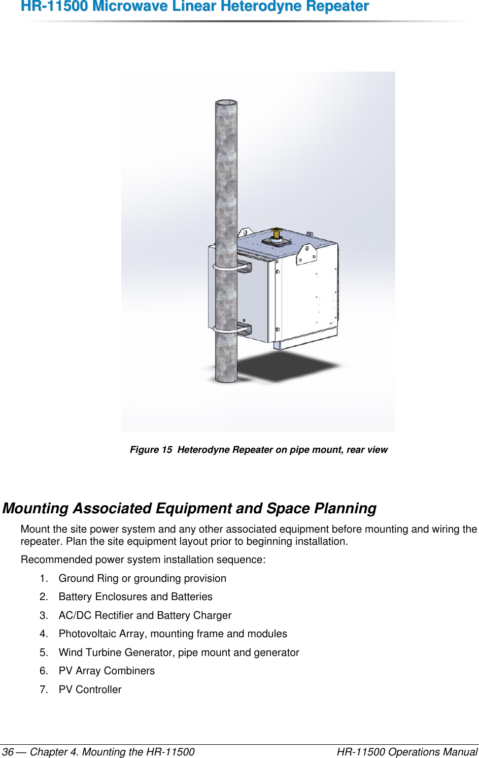 HHRR--1111550000  MMiiccrroowwaavvee  LLiinneeaarr  HHeetteerrooddyynnee  RReeppeeaatteerr  — Chapter 4. Mounting the HR-11500    HR-11500 Operations Manual 36    Figure 15  Heterodyne Repeater on pipe mount, rear view  Mounting Associated Equipment and Space Planning Mount the site power system and any other associated equipment before mounting and wiring the repeater. Plan the site equipment layout prior to beginning installation. Recommended power system installation sequence: 1.  Ground Ring or grounding provision 2.  Battery Enclosures and Batteries 3.  AC/DC Rectifier and Battery Charger 4.  Photovoltaic Array, mounting frame and modules 5.  Wind Turbine Generator, pipe mount and generator 6.  PV Array Combiners 7.  PV Controller 