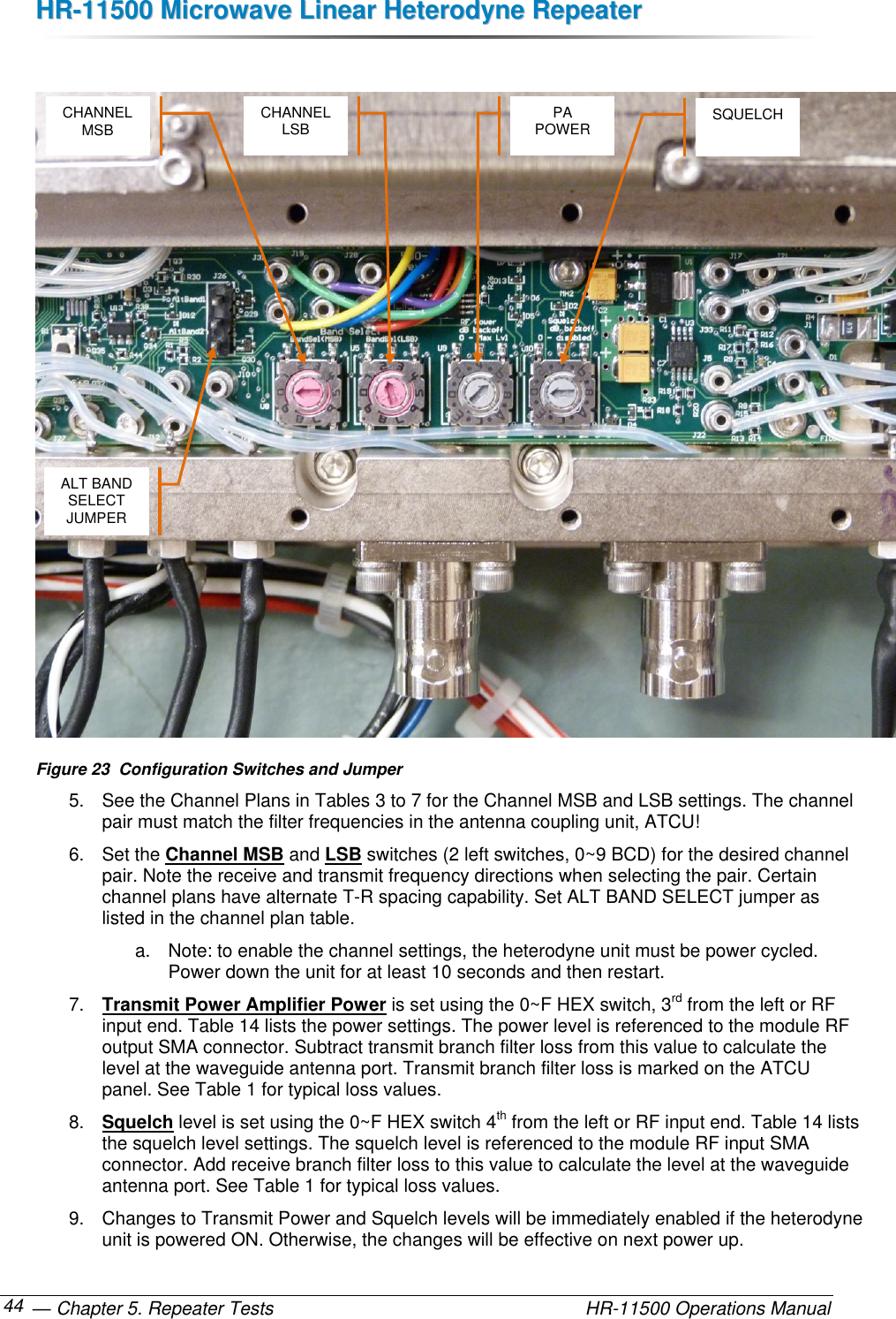 HHRR--1111550000  MMiiccrroowwaavvee  LLiinneeaarr  HHeetteerrooddyynnee  RReeppeeaatteerr   — Chapter 5. Repeater Tests    HR-11500 Operations Manual 44   Figure 23  Configuration Switches and Jumper 5.  See the Channel Plans in Tables 3 to 7 for the Channel MSB and LSB settings. The channel pair must match the filter frequencies in the antenna coupling unit, ATCU! 6.  Set the Channel MSB and LSB switches (2 left switches, 0~9 BCD) for the desired channel pair. Note the receive and transmit frequency directions when selecting the pair. Certain channel plans have alternate T-R spacing capability. Set ALT BAND SELECT jumper as listed in the channel plan table. a.  Note: to enable the channel settings, the heterodyne unit must be power cycled. Power down the unit for at least 10 seconds and then restart.  7. Transmit Power Amplifier Power is set using the 0~F HEX switch, 3rd from the left or RF input end. Table 14 lists the power settings. The power level is referenced to the module RF output SMA connector. Subtract transmit branch filter loss from this value to calculate the level at the waveguide antenna port. Transmit branch filter loss is marked on the ATCU panel. See Table 1 for typical loss values. 8. Squelch level is set using the 0~F HEX switch 4th from the left or RF input end. Table 14 lists the squelch level settings. The squelch level is referenced to the module RF input SMA connector. Add receive branch filter loss to this value to calculate the level at the waveguide antenna port. See Table 1 for typical loss values. 9.  Changes to Transmit Power and Squelch levels will be immediately enabled if the heterodyne unit is powered ON. Otherwise, the changes will be effective on next power up. CHANNEL MSB CHANNEL LSB PA POWER SQUELCH ALT BAND SELECT JUMPER 