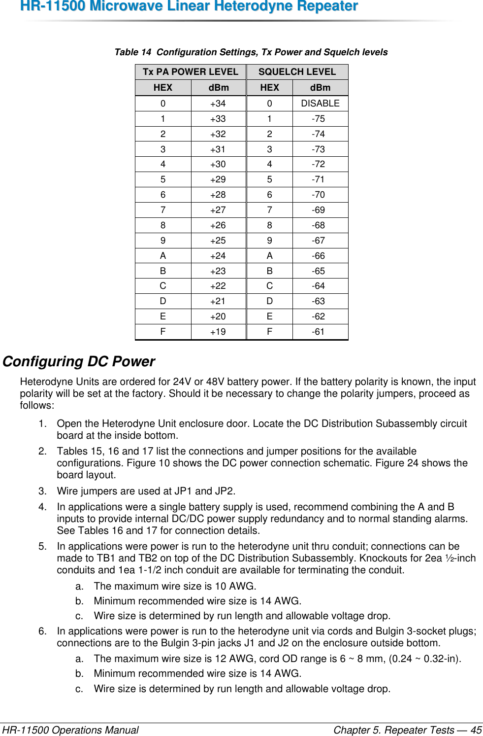 HHRR--1111550000  MMiiccrroowwaavvee  LLiinneeaarr  HHeetteerrooddyynnee  RReeppeeaatteerr  HR-11500 Operations Manual    Chapter 5. Repeater Tests — 45  Table 14  Configuration Settings, Tx Power and Squelch levels Tx PA POWER LEVEL SQUELCH LEVEL HEX dBm HEX dBm 0 +34 0 DISABLE 1 +33 1 -75 2 +32 2 -74 3 +31 3 -73 4 +30 4 -72 5 +29 5 -71 6 +28 6 -70 7 +27 7 -69 8 +26 8 -68 9 +25 9 -67 A +24 A -66 B +23 B -65 C +22 C -64 D +21 D -63 E +20 E -62 F +19 F -61 Configuring DC Power Heterodyne Units are ordered for 24V or 48V battery power. If the battery polarity is known, the input polarity will be set at the factory. Should it be necessary to change the polarity jumpers, proceed as follows: 1.  Open the Heterodyne Unit enclosure door. Locate the DC Distribution Subassembly circuit board at the inside bottom. 2.  Tables 15, 16 and 17 list the connections and jumper positions for the available configurations. Figure 10 shows the DC power connection schematic. Figure 24 shows the board layout. 3.  Wire jumpers are used at JP1 and JP2. 4.  In applications were a single battery supply is used, recommend combining the A and B inputs to provide internal DC/DC power supply redundancy and to normal standing alarms. See Tables 16 and 17 for connection details. 5.  In applications were power is run to the heterodyne unit thru conduit; connections can be made to TB1 and TB2 on top of the DC Distribution Subassembly. Knockouts for 2ea ½-inch conduits and 1ea 1-1/2 inch conduit are available for terminating the conduit.  a.  The maximum wire size is 10 AWG.  b.  Minimum recommended wire size is 14 AWG. c.  Wire size is determined by run length and allowable voltage drop. 6.  In applications were power is run to the heterodyne unit via cords and Bulgin 3-socket plugs; connections are to the Bulgin 3-pin jacks J1 and J2 on the enclosure outside bottom. a.  The maximum wire size is 12 AWG, cord OD range is 6 ~ 8 mm, (0.24 ~ 0.32-in). b.  Minimum recommended wire size is 14 AWG. c.  Wire size is determined by run length and allowable voltage drop. 