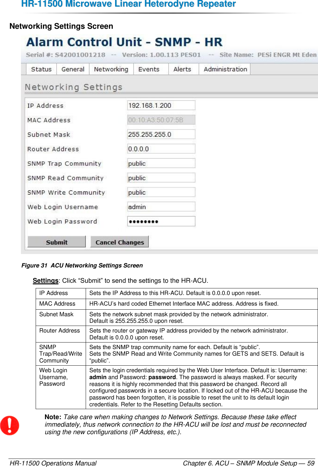 HHRR--1111550000  MMiiccrroowwaavvee  LLiinneeaarr  HHeetteerrooddyynnee  RReeppeeaatteerr  HR-11500 Operations Manual    Chapter 6. ACU – SNMP Module Setup — 59 Networking Settings Screen  Figure 31  ACU Networking Settings Screen Settings: Click “Submit” to send the settings to the HR-ACU. IP Address Sets the IP Address to this HR-ACU. Default is 0.0.0.0 upon reset. MAC Address HR-ACU’s hard coded Ethernet Interface MAC address. Address is fixed. Subnet Mask Sets the network subnet mask provided by the network administrator.  Default is 255.255.255.0 upon reset. Router Address Sets the router or gateway IP address provided by the network administrator. Default is 0.0.0.0 upon reset. SNMP Trap/Read/Write Community Sets the SNMP trap community name for each. Default is “public”.  Sets the SNMP Read and Write Community names for GETS and SETS. Default is “public”. Web Login Username, Password Sets the login credentials required by the Web User Interface. Default is: Username: admin and Password: password. The password is always masked. For security reasons it is highly recommended that this password be changed. Record all configured passwords in a secure location. If locked out of the HR-ACU because the password has been forgotten, it is possible to reset the unit to its default login credentials. Refer to the Resetting Defaults section. Note: Take care when making changes to Network Settings. Because these take effect immediately, thus network connection to the HR-ACU will be lost and must be reconnected using the new configurations (IP Address, etc.). 