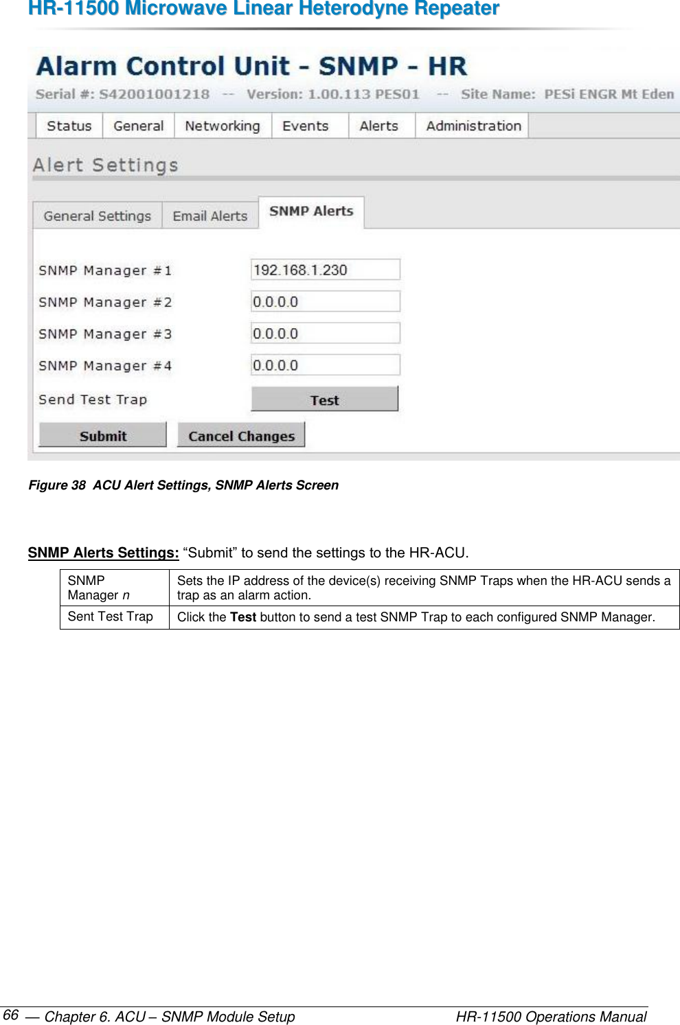 HHRR--1111550000  MMiiccrroowwaavvee  LLiinneeaarr  HHeetteerrooddyynnee  RReeppeeaatteerr   — Chapter 6. ACU – SNMP Module Setup    HR-11500 Operations Manual 66  Figure 38  ACU Alert Settings, SNMP Alerts Screen  SNMP Alerts Settings: “Submit” to send the settings to the HR-ACU. SNMP  Manager n Sets the IP address of the device(s) receiving SNMP Traps when the HR-ACU sends a trap as an alarm action. Sent Test Trap Click the Test button to send a test SNMP Trap to each configured SNMP Manager. 