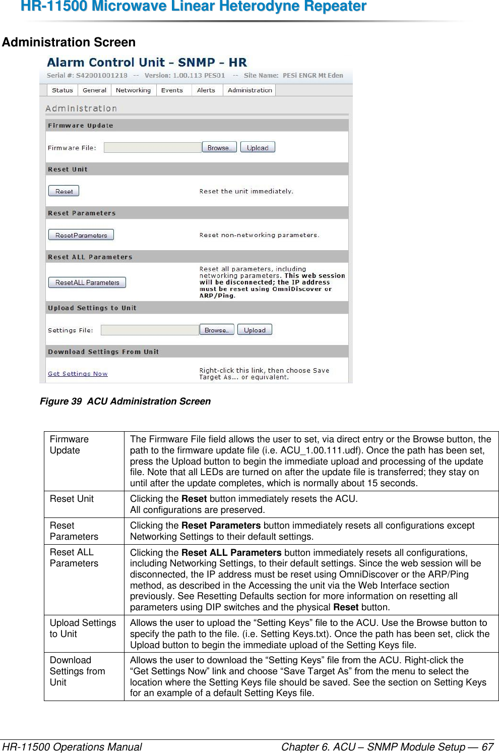 HHRR--1111550000  MMiiccrroowwaavvee  LLiinneeaarr  HHeetteerrooddyynnee  RReeppeeaatteerr  HR-11500 Operations Manual    Chapter 6. ACU – SNMP Module Setup — 67 Administration Screen  Figure 39  ACU Administration Screen  Firmware Update The Firmware File field allows the user to set, via direct entry or the Browse button, the path to the firmware update file (i.e. ACU_1.00.111.udf). Once the path has been set, press the Upload button to begin the immediate upload and processing of the update file. Note that all LEDs are turned on after the update file is transferred; they stay on until after the update completes, which is normally about 15 seconds. Reset Unit Clicking the Reset button immediately resets the ACU.  All configurations are preserved. Reset Parameters Clicking the Reset Parameters button immediately resets all configurations except Networking Settings to their default settings. Reset ALL Parameters Clicking the Reset ALL Parameters button immediately resets all configurations, including Networking Settings, to their default settings. Since the web session will be disconnected, the IP address must be reset using OmniDiscover or the ARP/Ping method, as described in the Accessing the unit via the Web Interface section previously. See Resetting Defaults section for more information on resetting all parameters using DIP switches and the physical Reset button. Upload Settings to Unit Allows the user to upload the “Setting Keys” file to the ACU. Use the Browse button to specify the path to the file. (i.e. Setting Keys.txt). Once the path has been set, click the Upload button to begin the immediate upload of the Setting Keys file. Download Settings from Unit Allows the user to download the “Setting Keys” file from the ACU. Right-click the “Get Settings Now” link and choose “Save Target As” from the menu to select the location where the Setting Keys file should be saved. See the section on Setting Keys for an example of a default Setting Keys file. 