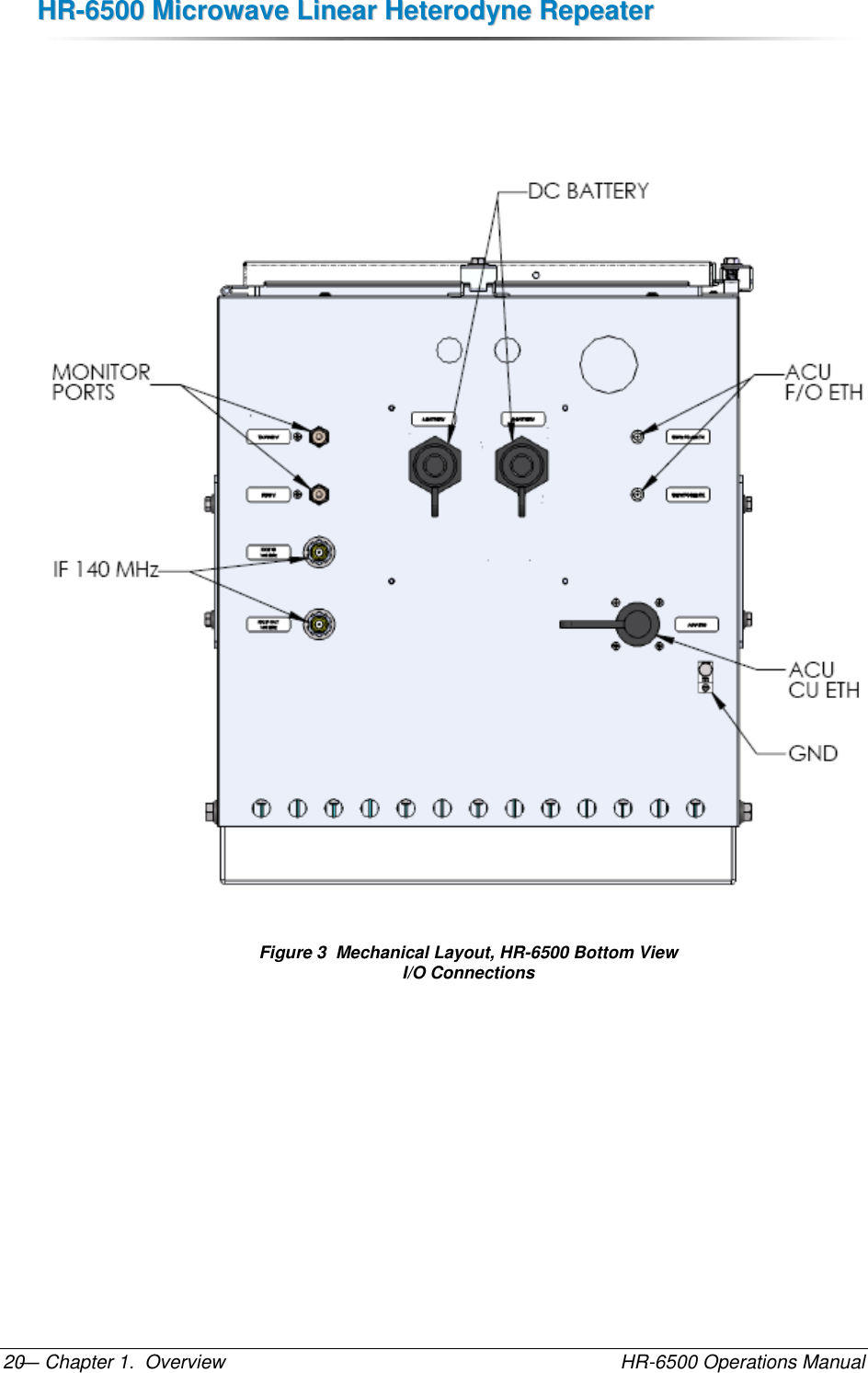 HHRR--66550000  MMiiccrroowwaavvee  LLiinneeaarr  HHeetteerrooddyynnee  RReeppeeaatteerr  — Chapter 1.  Overview    HR-6500 Operations Manual 20     Figure 3  Mechanical Layout, HR-6500 Bottom View  I/O Connections 