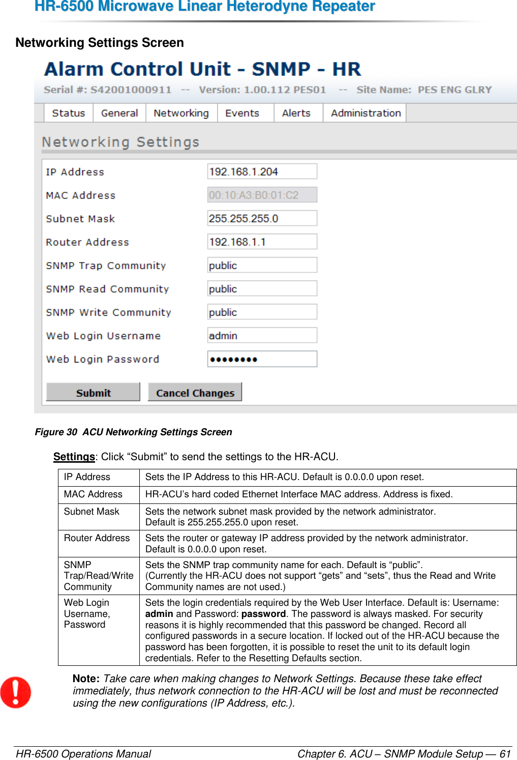 HHRR--66550000  MMiiccrroowwaavvee  LLiinneeaarr  HHeetteerrooddyynnee  RReeppeeaatteerr  HR-6500 Operations Manual    Chapter 6. ACU – SNMP Module Setup — 61 Networking Settings Screen  Figure 30  ACU Networking Settings Screen Settings: Click “Submit” to send the settings to the HR-ACU. IP Address Sets the IP Address to this HR-ACU. Default is 0.0.0.0 upon reset. MAC Address HR-ACU’s hard coded Ethernet Interface MAC address. Address is fixed. Subnet Mask Sets the network subnet mask provided by the network administrator.  Default is 255.255.255.0 upon reset. Router Address Sets the router or gateway IP address provided by the network administrator. Default is 0.0.0.0 upon reset. SNMP Trap/Read/Write Community Sets the SNMP trap community name for each. Default is “public”.  (Currently the HR-ACU does not support “gets” and “sets”, thus the Read and Write Community names are not used.) Web Login Username, Password Sets the login credentials required by the Web User Interface. Default is: Username: admin and Password: password. The password is always masked. For security reasons it is highly recommended that this password be changed. Record all configured passwords in a secure location. If locked out of the HR-ACU because the password has been forgotten, it is possible to reset the unit to its default login credentials. Refer to the Resetting Defaults section. Note: Take care when making changes to Network Settings. Because these take effect immediately, thus network connection to the HR-ACU will be lost and must be reconnected using the new configurations (IP Address, etc.). 