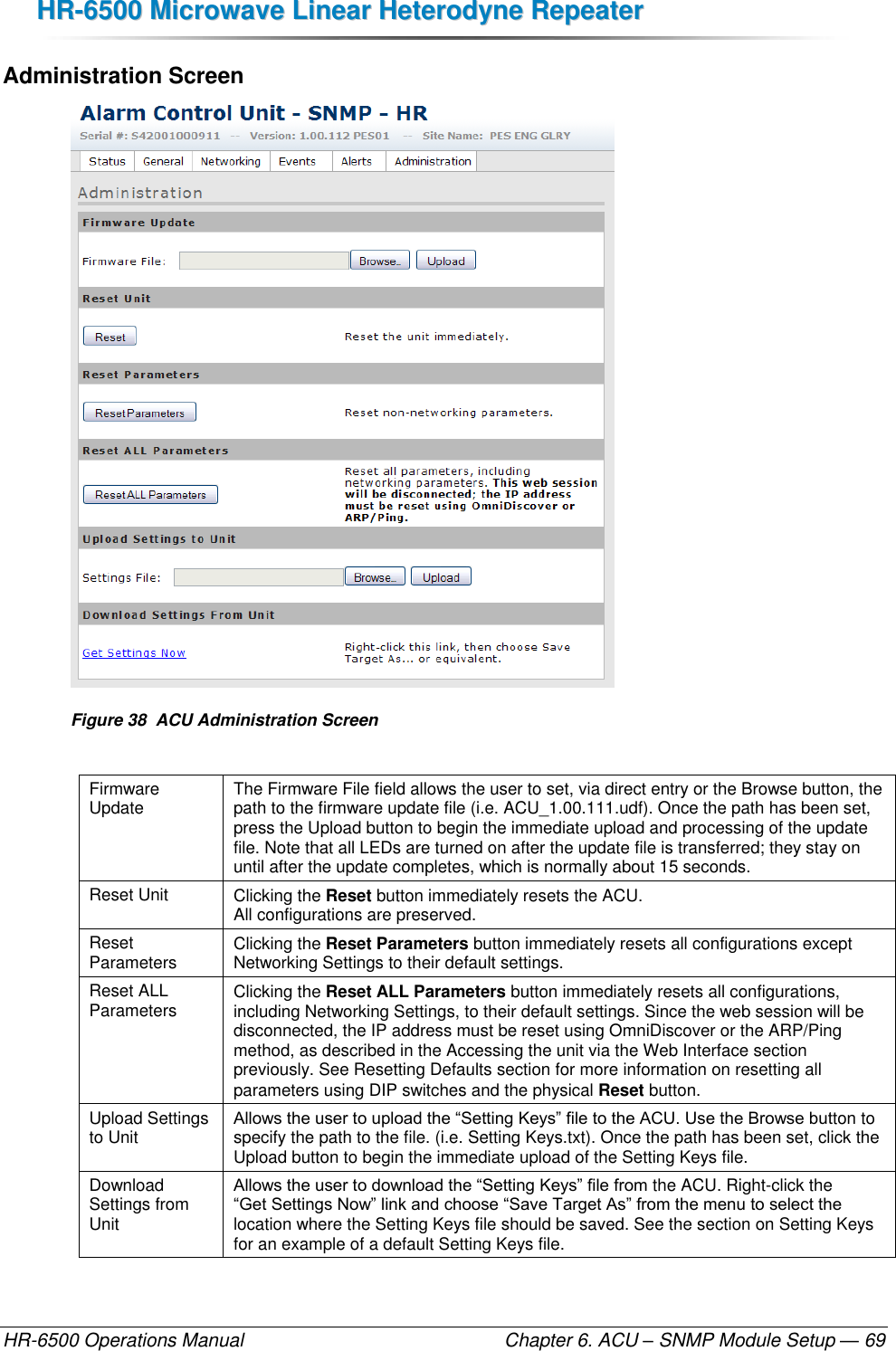 HHRR--66550000  MMiiccrroowwaavvee  LLiinneeaarr  HHeetteerrooddyynnee  RReeppeeaatteerr  HR-6500 Operations Manual    Chapter 6. ACU – SNMP Module Setup — 69 Administration Screen  Figure 38  ACU Administration Screen  Firmware Update The Firmware File field allows the user to set, via direct entry or the Browse button, the path to the firmware update file (i.e. ACU_1.00.111.udf). Once the path has been set, press the Upload button to begin the immediate upload and processing of the update file. Note that all LEDs are turned on after the update file is transferred; they stay on until after the update completes, which is normally about 15 seconds. Reset Unit Clicking the Reset button immediately resets the ACU.  All configurations are preserved. Reset Parameters Clicking the Reset Parameters button immediately resets all configurations except Networking Settings to their default settings. Reset ALL Parameters Clicking the Reset ALL Parameters button immediately resets all configurations, including Networking Settings, to their default settings. Since the web session will be disconnected, the IP address must be reset using OmniDiscover or the ARP/Ping method, as described in the Accessing the unit via the Web Interface section previously. See Resetting Defaults section for more information on resetting all parameters using DIP switches and the physical Reset button. Upload Settings to Unit Allows the user to upload the “Setting Keys” file to the ACU. Use the Browse button to specify the path to the file. (i.e. Setting Keys.txt). Once the path has been set, click the Upload button to begin the immediate upload of the Setting Keys file. Download Settings from Unit Allows the user to download the “Setting Keys” file from the ACU. Right-click the “Get Settings Now” link and choose “Save Target As” from the menu to select the location where the Setting Keys file should be saved. See the section on Setting Keys for an example of a default Setting Keys file. 