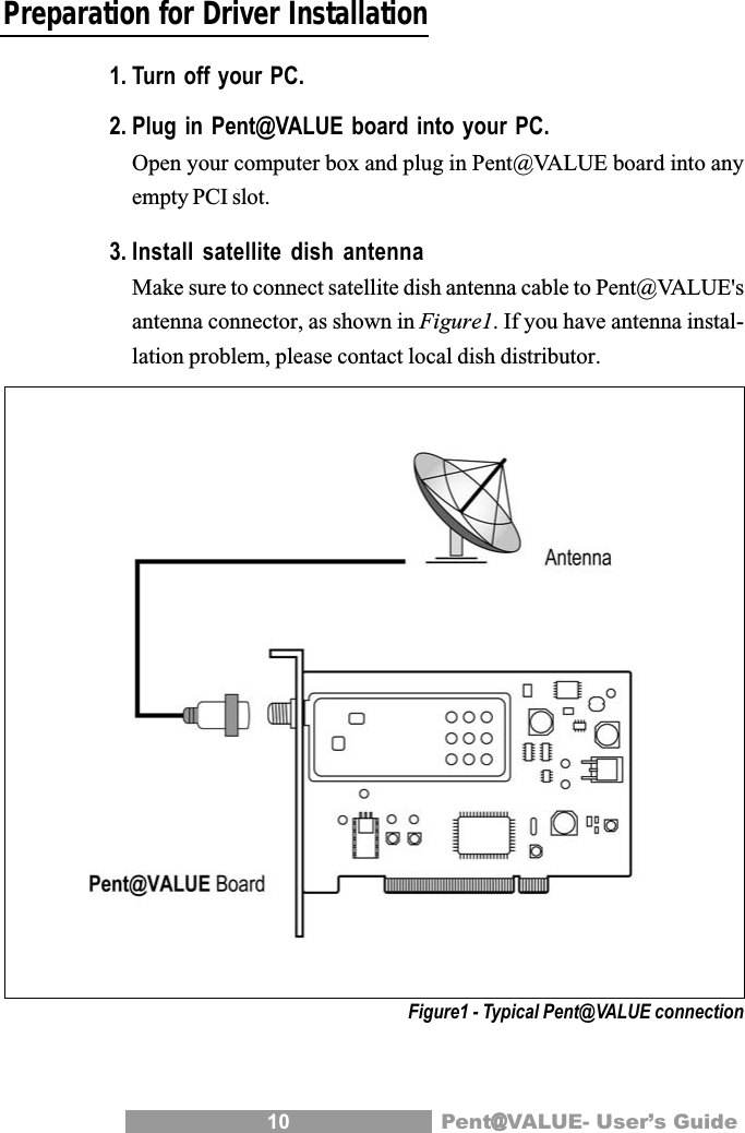 10 Pent@@@@@VALUE- User&rsquo;s GuidePreparation for Driver Installation1. Turn off your PC.2. Plug in Pent@VALUE board into your PC.Open your computer box and plug in Pent@VALUE board into anyempty PCI slot.3. Install satellite dish antennaMake sure to connect satellite dish antenna cable to Pent@VALUE'santenna connector, as shown in Figure1. If you have antenna instal-lation problem, please contact local dish distributor.Figure1 - Typical Pent@VALUE connection
