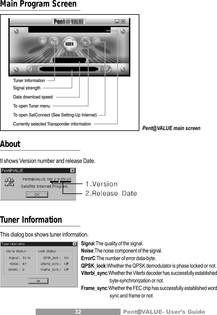 32 Pent@@@@@VALUE- User&rsquo;s GuideMain Program ScreenAboutIt shows Version number and release Date.Signal:The quality of the signal.Noise:The noise component of the signal.ErrorC:The number of error data-byte.QPSK_lock:Whether the QPSK demodulator is phase locked or not.Viterbi_sync:Whether the Viterbi decoder has successfully establishedbyte-synchronization or not.Frame_sync:Whether the FEC chip has successfully established wordsync and frame or notTuner InformationThis dialog box shows tuner information.Pent@VALUE main screen