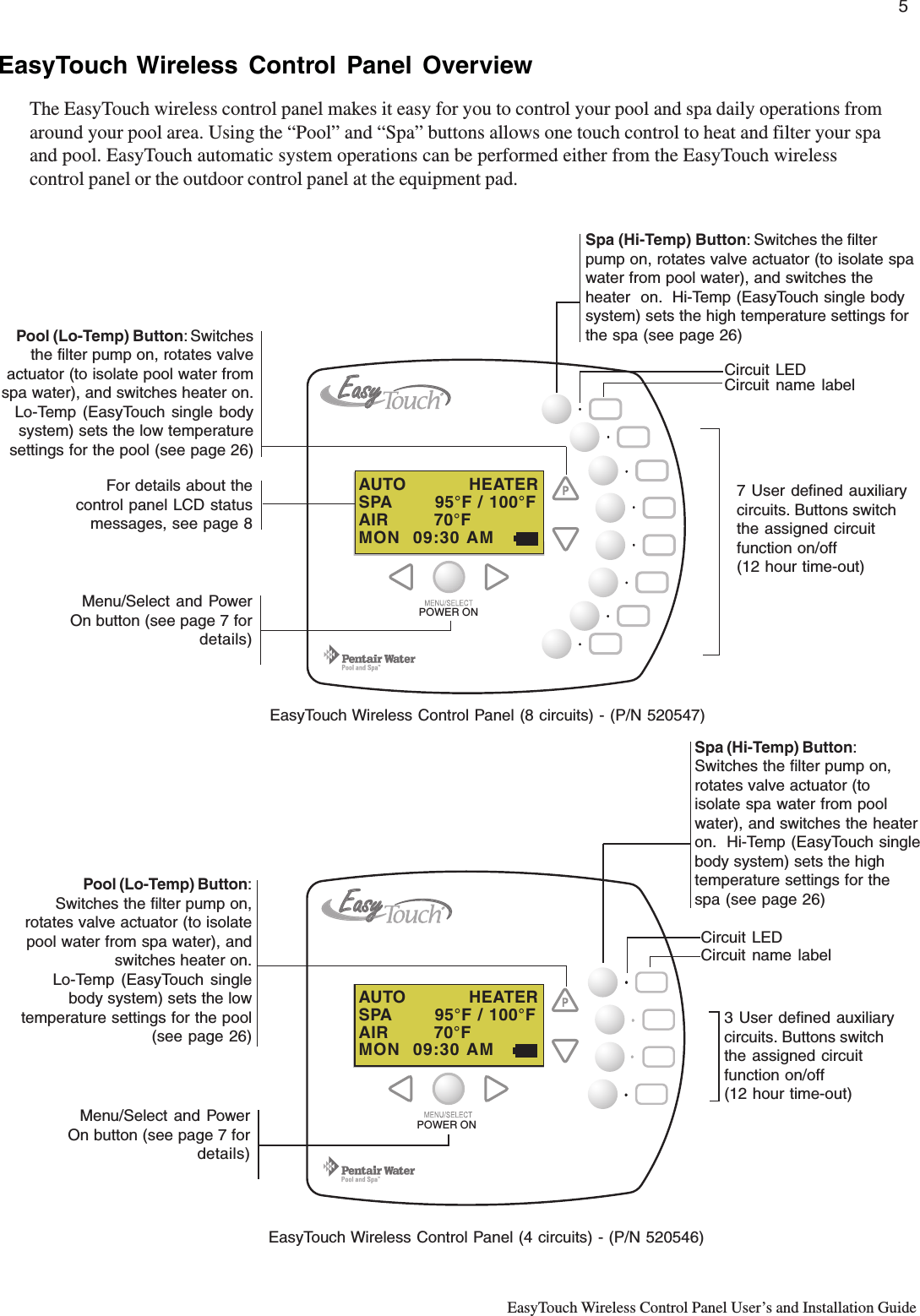 5EasyTouch Wireless Control Panel User’s and Installation GuideEasyTouch Wireless Control Panel OverviewThe EasyTouch wireless control panel makes it easy for you to control your pool and spa daily operations fromaround your pool area. Using the “Pool” and “Spa” buttons allows one touch control to heat and filter your spaand pool. EasyTouch automatic system operations can be performed either from the EasyTouch wirelesscontrol panel or the outdoor control panel at the equipment pad.For details about thecontrol panel LCD statusmessages, see page 8Circuit LEDCircuit name label7 User defined auxiliarycircuits. Buttons switchthe assigned circuitfunction on/off(12 hour time-out)Spa (Hi-Temp) Button: Switches the filterpump on, rotates valve actuator (to isolate spawater from pool water), and switches theheater  on.  Hi-Temp (EasyTouch single bodysystem) sets the high temperature settings forthe spa (see page 26)Circuit LEDCircuit name labelSpa (Hi-Temp) Button:Switches the filter pump on,rotates valve actuator (toisolate spa water from poolwater), and switches the heateron.  Hi-Temp (EasyTouch singlebody system) sets the hightemperature settings for thespa (see page 26)Pool (Lo-Temp) Button: Switchesthe filter pump on, rotates valveactuator (to isolate pool water fromspa water), and switches heater on.Lo-Temp (EasyTouch single bodysystem) sets the low temperaturesettings for the pool (see page 26)Pool (Lo-Temp) Button:Switches the filter pump on,rotates valve actuator (to isolatepool water from spa water), andswitches heater on.Lo-Temp (EasyTouch singlebody system) sets the lowtemperature settings for the pool(see page 26)3 User defined auxiliarycircuits. Buttons switchthe assigned circuitfunction on/off(12 hour time-out)EasyTouch Wireless Control Panel (8 circuits) - (P/N 520547)EasyTouch Wireless Control Panel (4 circuits) - (P/N 520546)Menu/Select and PowerOn button (see page 7 fordetails)Menu/Select and PowerOn button (see page 7 fordetails)AUTO           HEATERSPA       95°F / 100°FAIR        70°FMON  09:30 AMAUTO           HEATERSPA       95°F / 100°FAIR        70°FMON  09:30 AMPOWER ONPOWER ON