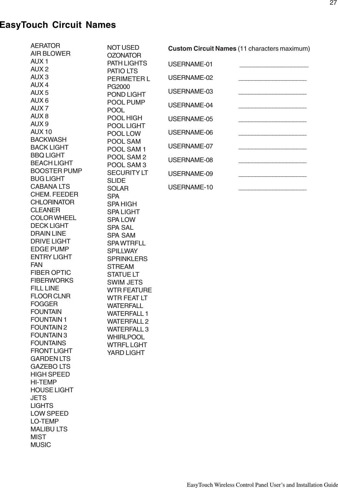 27EasyTouch Wireless Control Panel User’s and Installation GuideEasyTouch Circuit NamesAERATORAIR BLOWERAUX 1AUX 2AUX 3AUX 4AUX 5AUX 6AUX 7AUX 8AUX 9AUX 10BACKWASHBACK LIGHTBBQ LIGHTBEACH LIGHTBOOSTER PUMPBUG LIGHTCABANA LTSCHEM. FEEDERCHLORINATORCLEANERCOLOR WHEELDECK LIGHTDRAIN LINEDRIVE LIGHTEDGE PUMPENTRY LIGHTFANFIBER OPTICFIBERWORKSFILL LINEFLOOR CLNRFOGGERFOUNTAINFOUNTAIN 1FOUNTAIN 2FOUNTAIN 3FOUNTAINSFRONT LIGHTGARDEN LTSGAZEBO LTSHIGH SPEEDHI-TEMPHOUSE LIGHTJETSLIGHTSLOW SPEEDLO-TEMPMALIBU LTSMISTMUSICCustom Circuit Names (11 characters maximum)USERNAME-01  ____________________USERNAME-02 ____________________USERNAME-03 ____________________USERNAME-04 ____________________USERNAME-05 ____________________USERNAME-06 ____________________USERNAME-07 ____________________USERNAME-08 ____________________USERNAME-09 ____________________USERNAME-10 ____________________NOT USEDOZONATORPATH LIGHTSPATIO LTSPERIMETER LPG2000POND LIGHTPOOL PUMPPOOLPOOL HIGHPOOL LIGHTPOOL LOWPOOL SAMPOOL SAM 1POOL SAM 2POOL SAM 3SECURITY LTSLIDESOLARSPASPA HIGHSPA LIGHTSPA LOWSPA SALSPA SAMSPA WTRFLLSPILLWAYSPRINKLERSSTREAMSTATUE LTSWIM JETSWTR FEATUREWTR FEAT LTWATERFALLWATERFALL 1WATERFALL 2WATERFALL 3WHIRLPOOLWTRFL LGHTYARD LIGHT