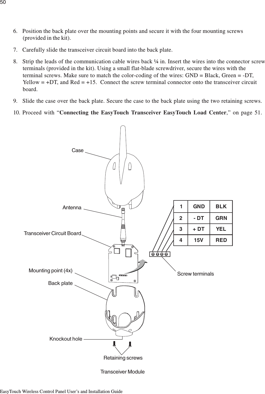 50EasyTouch Wireless Control Panel User’s and Installation Guide6. Position the back plate over the mounting points and secure it with the four mounting screws(provided in the kit).7. Carefully slide the transceiver circuit board into the back plate.8. Strip the leads of the communication cable wires back ¼ in. Insert the wires into the connector screwterminals (provided in the kit). Using a small flat-blade screwdriver, secure the wires with theterminal screws. Make sure to match the color-coding of the wires: GND = Black, Green = -DT,Yellow = +DT, and Red = +15.  Connect the screw terminal connector onto the transceiver circuitboard.9. Slide the case over the back plate. Secure the case to the back plate using the two retaining screws.10. Proceed with “Connecting the EasyTouch Transceiver EasyTouch Load Center,” on page 51.Transceiver ModuleScrew terminalsBack plateRetaining screwsTransceiver Circuit BoardCaseKnockout holeAntennaMounting point (4x)1DNGKLB2TD-NRG3TD+LEY4V51DER