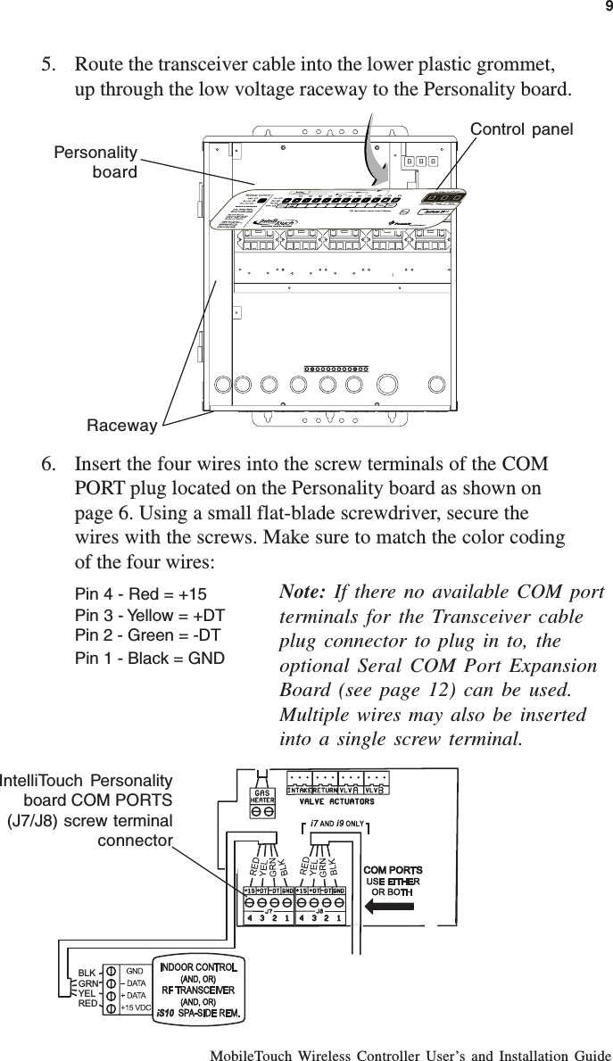 MobileTouch Wireless Controller User’s and Installation Guide5. Route the transceiver cable into the lower plastic grommet,up through the low voltage raceway to the Personality board.6. Insert the four wires into the screw terminals of the COMPORT plug located on the Personality board as shown onpage 6. Using a small flat-blade screwdriver, secure thewires with the screws. Make sure to match the color codingof the four wires:Pin 4 - Red = +15Pin 3 - Yellow = +DTPin 2 - Green = -DTPin 1 - Black = GND9BLKGRNYELRED IntelliTouch Personalityboard COM PORTS(J7/J8) screw terminalconnector      RacewayControl panelPersonalityboardNote: If there no available COM portterminals for the Transceiver cableplug connector to plug in to, theoptional Seral COM Port ExpansionBoard (see page 12) can be used.Multiple wires may also be insertedinto a single screw terminal.