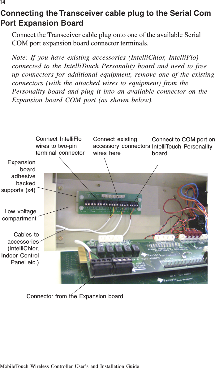 MobileTouch Wireless Controller User’s and Installation Guide14Connecting the Transceiver cable plug to the Serial ComPort Expansion BoardConnect the Transceiver cable plug onto one of the available SerialCOM port expansion board connector terminals.Note: If you have existing accessories (IntelliChlor, IntelliFlo)connected to the IntelliTouch Personality board and need to freeup connectors for additional equipment, remove one of the existingconnectors (with the attached wires to equipment) from thePersonality board and plug it into an available connector on theExpansion board COM port (as shown below).Cables toaccessories(IntelliChlor,Indoor ControlPanel etc.)Low voltagecompartmentExpansionboardadhesivebackedsupports (x4)Connect existingaccessory connectorswires hereConnect to COM port onIntelliTouch PersonalityboardConnector from the Expansion boardConnect IntelliFlowires to two-pinterminal connector